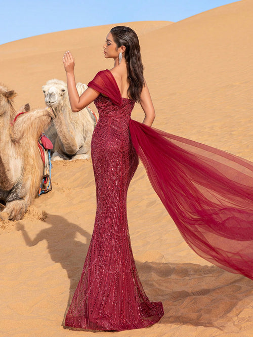 Asymmetrical One Shoulder Draped Side Sequin Prom Beaded Formal Dresses & Evening Gowns Dress & Embellished Dress