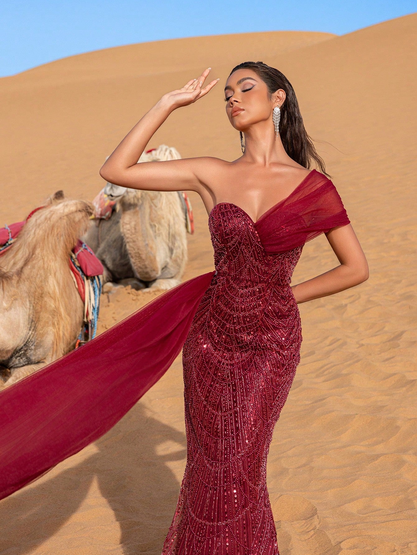Asymmetrical One Shoulder Draped Side Sequin Prom Beaded Formal Dresses & Evening Gowns Dress & Embellished Dress