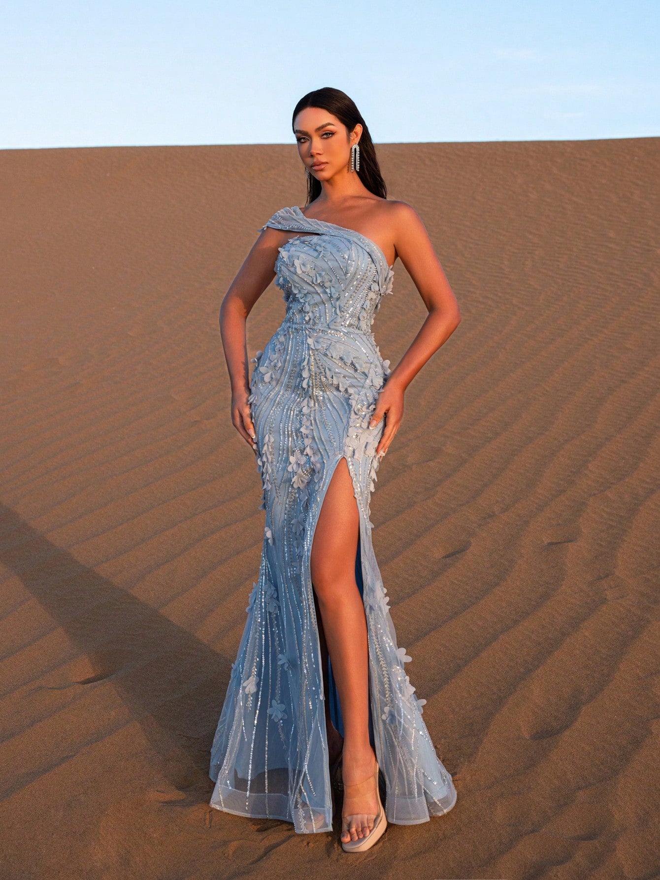 Elegant One Shoulder Floral Embroidered Split Beaded Formal Dresses & Evening Gowns