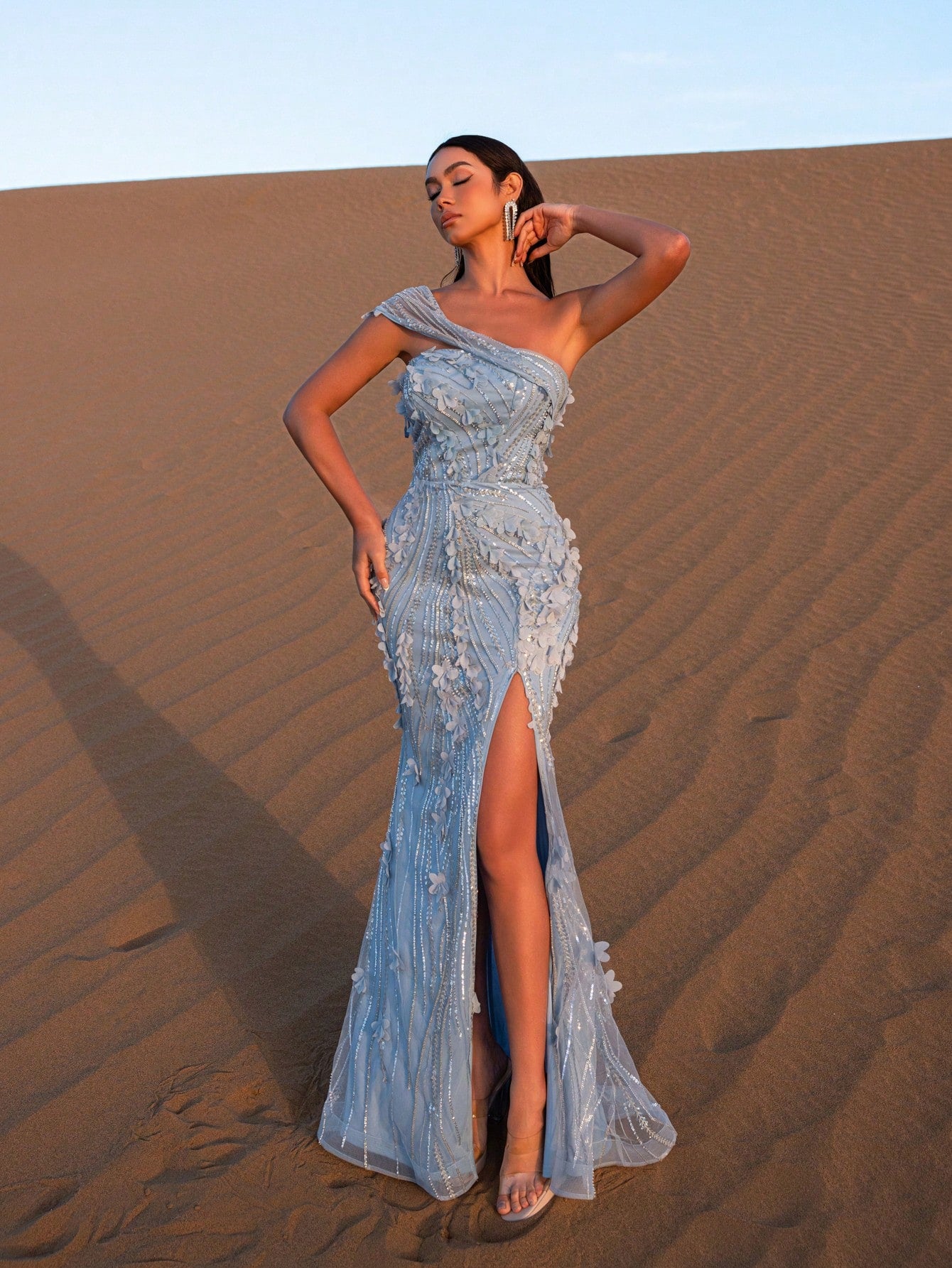 Elegant One Shoulder Floral Embroidered Split Beaded Formal Dresses & Evening Gowns