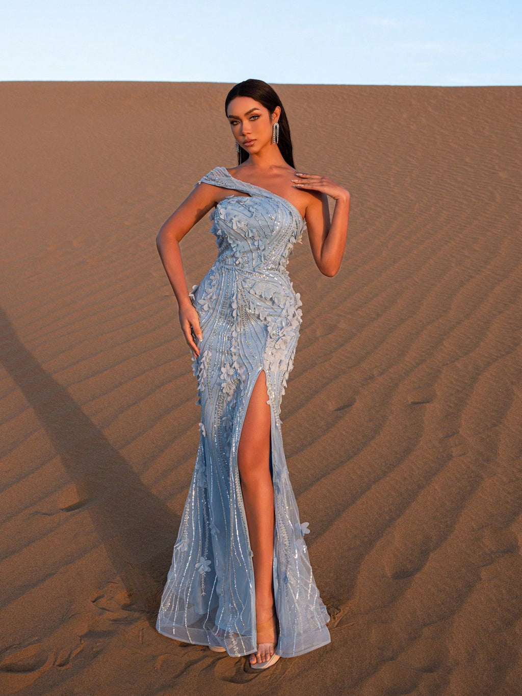Elegant One Shoulder Floral Embroidered Split Beaded Formal Dresses & Evening Gowns