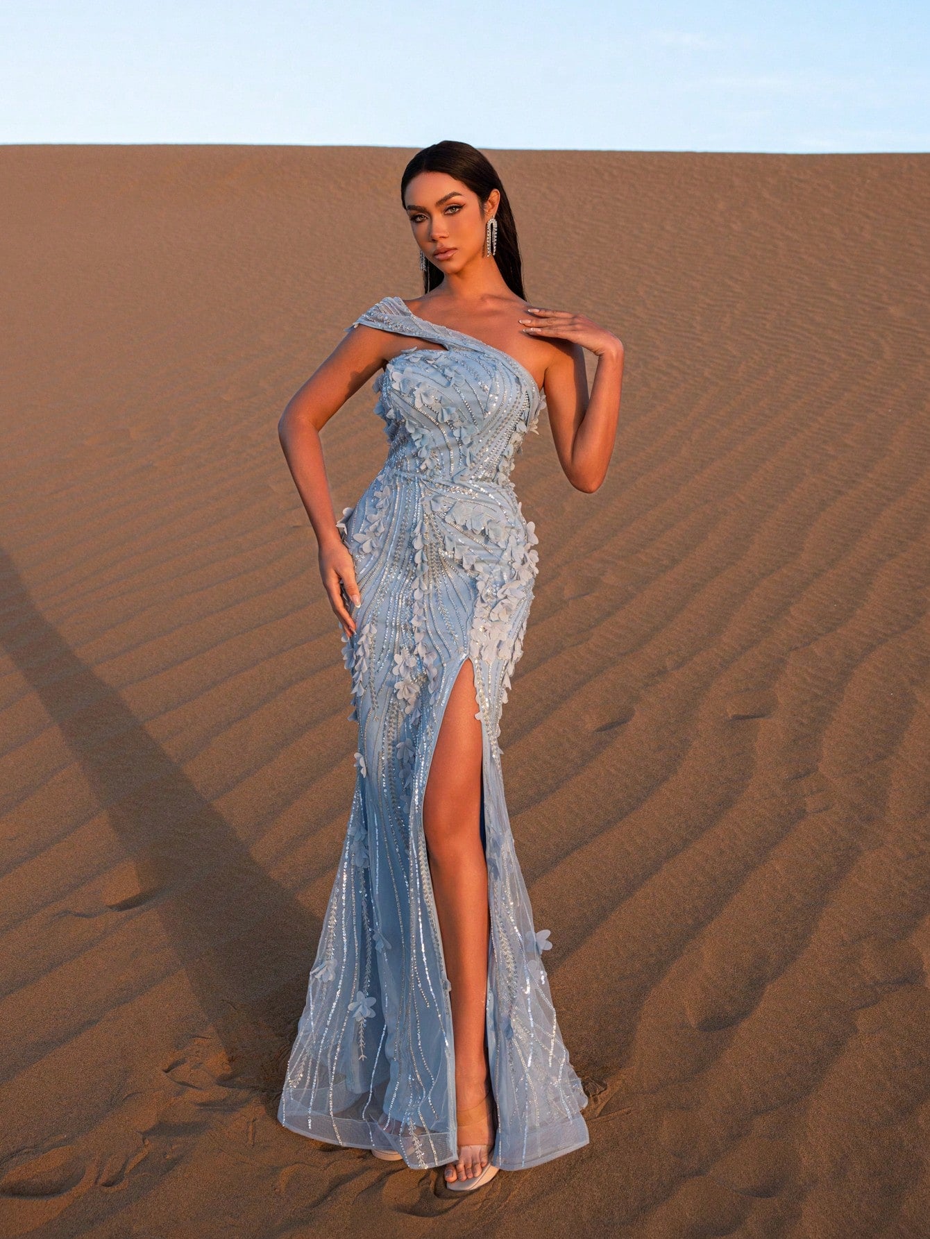 Elegant One Shoulder Floral Embroidered Split Beaded Formal Dresses & Evening Gowns