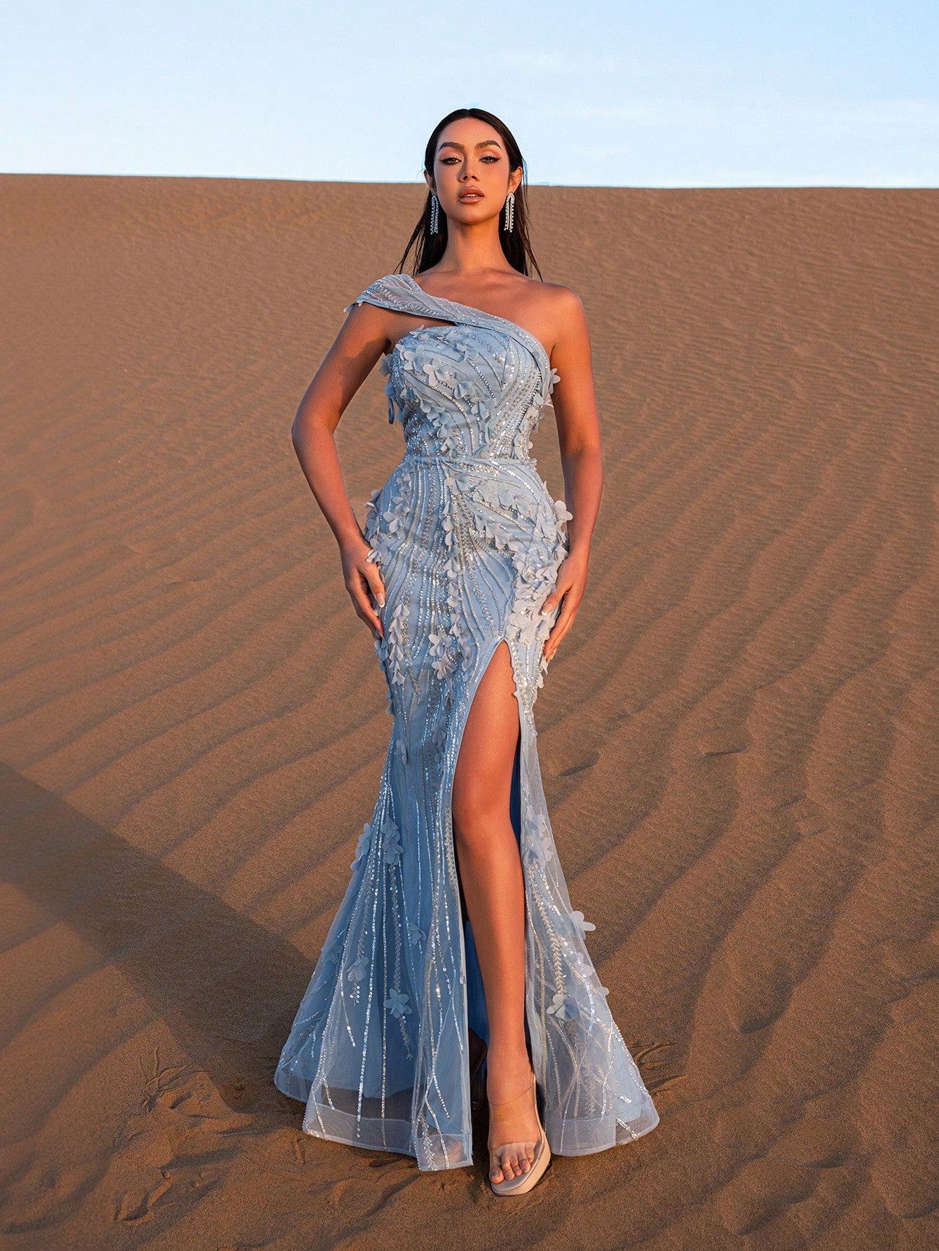 Elegant One Shoulder Floral Embroidered Split Beaded Formal Dresses & Evening Gowns