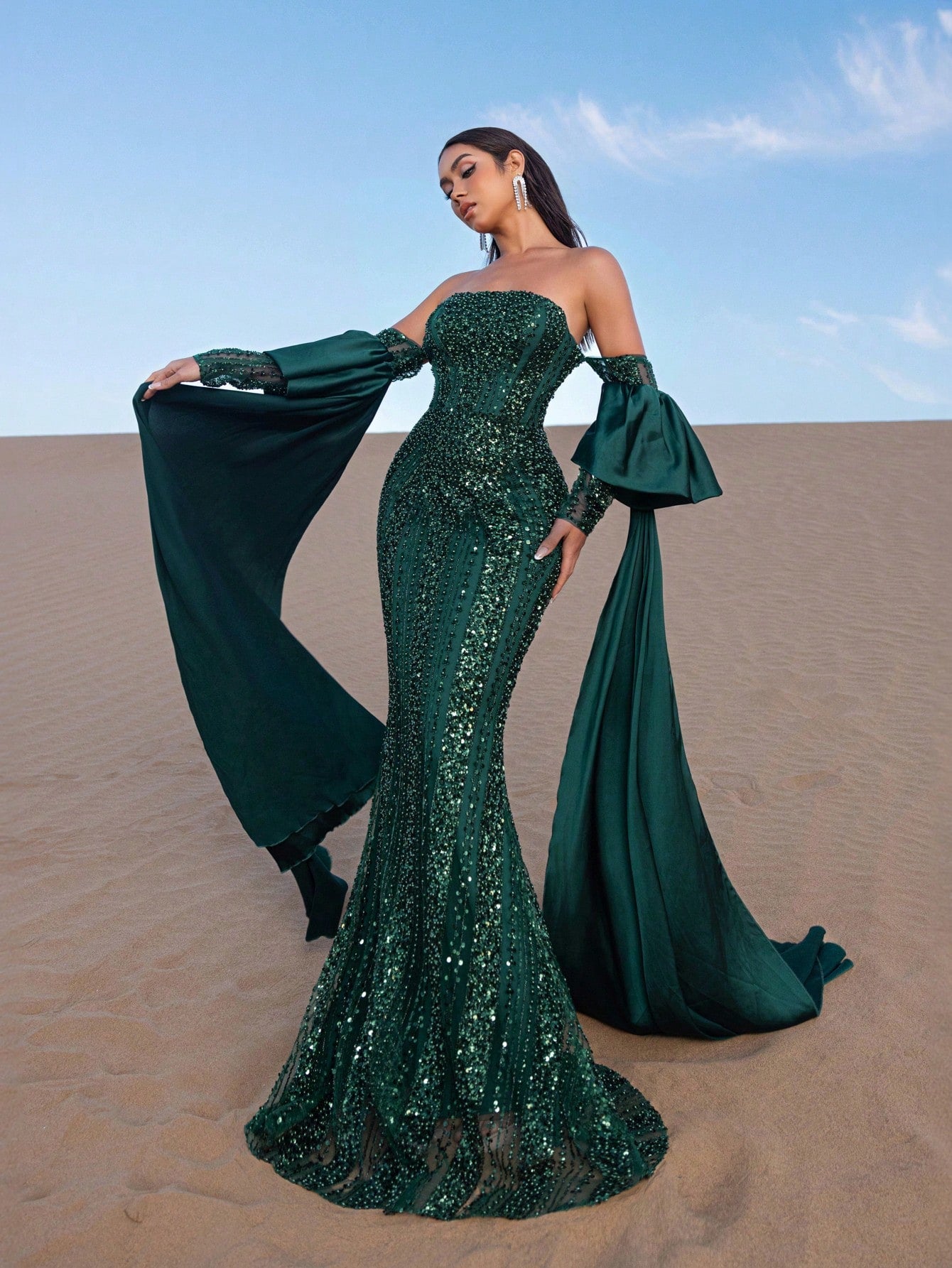 Elegant Luxury Beaded Mermaid Gown with Off-Shoulder & Flowing Sleeves