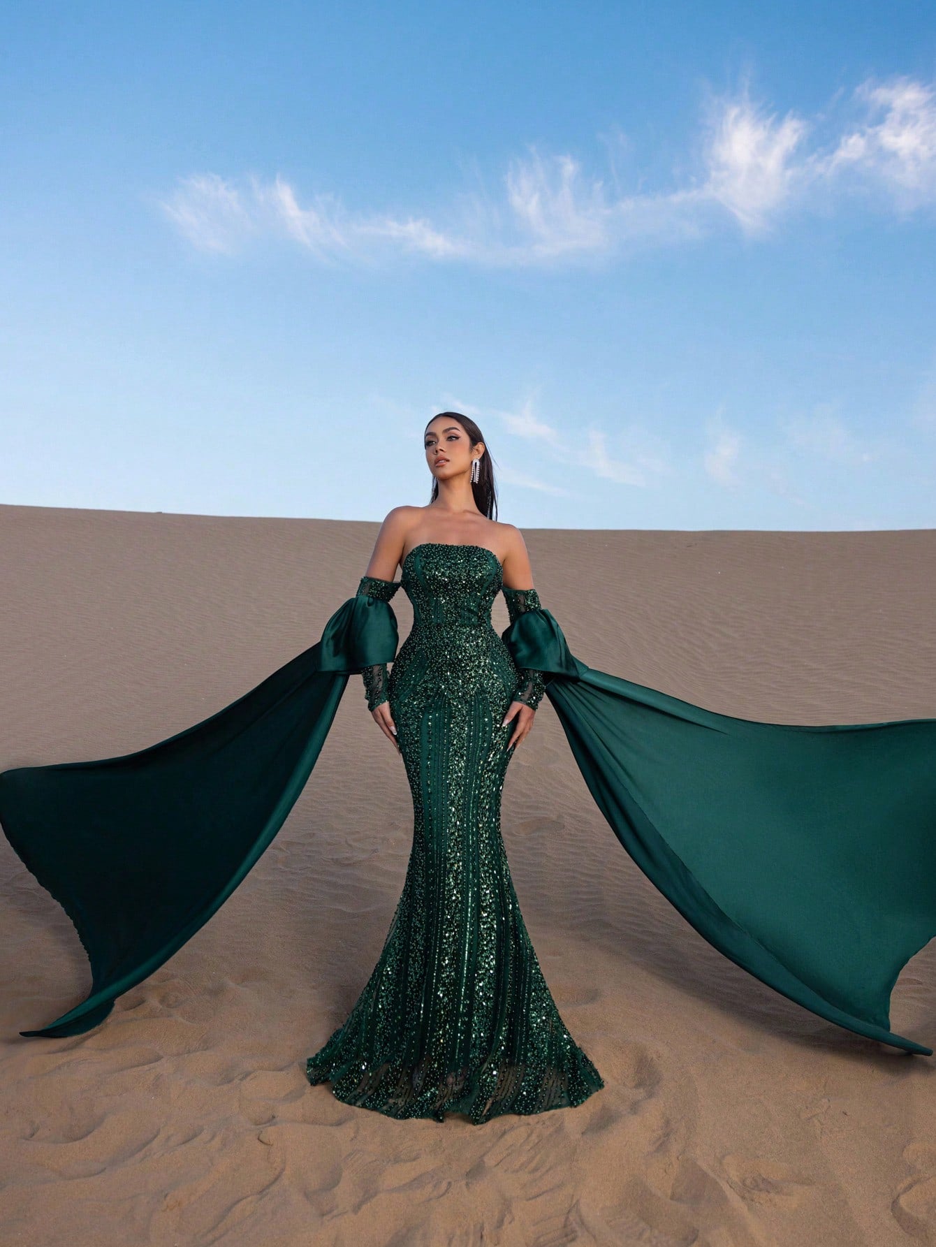 Elegant Luxury Beaded Mermaid Gown with Off-Shoulder & Flowing Sleeves