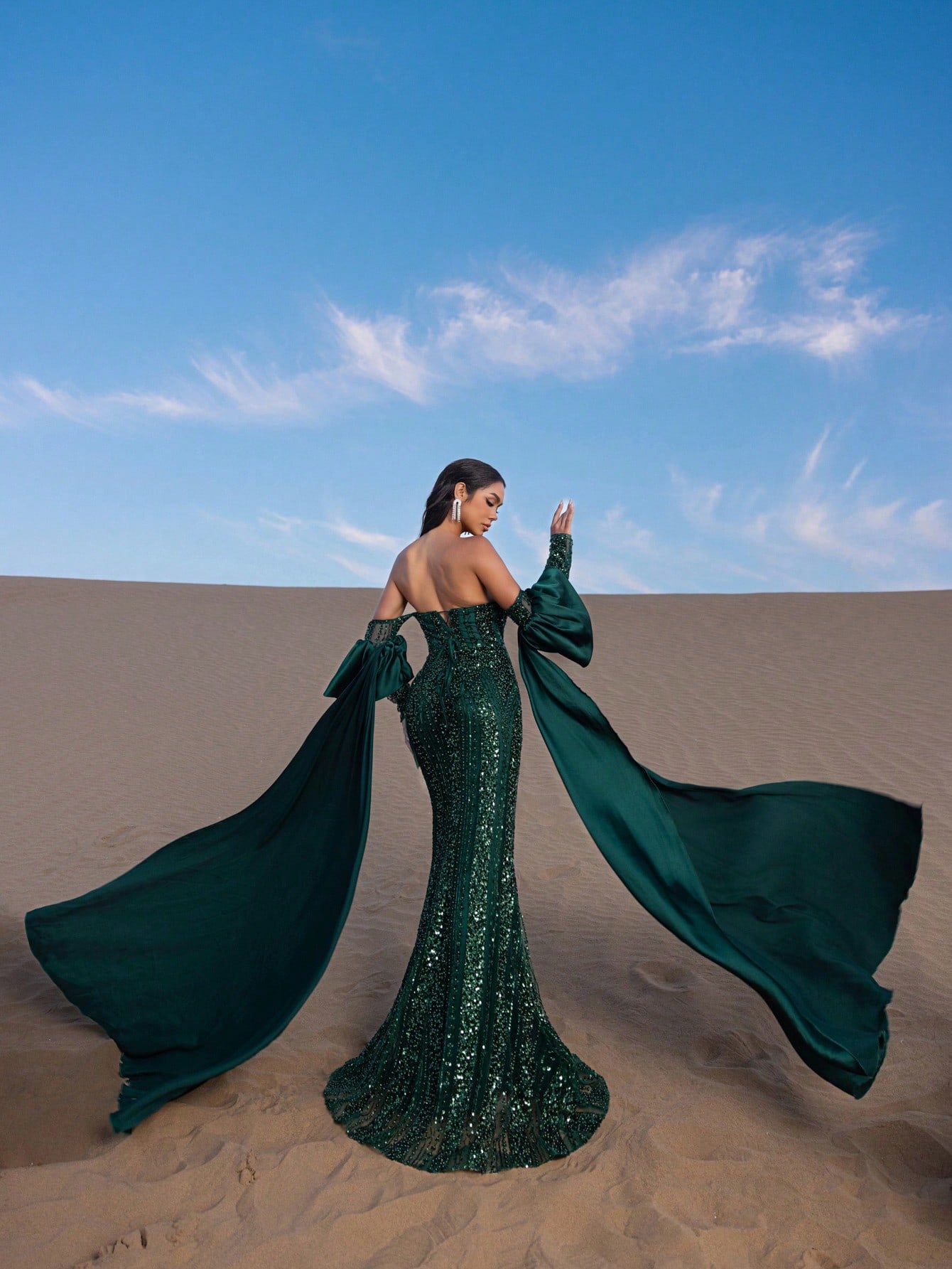 Elegant Luxury Beaded Mermaid Gown with Off-Shoulder & Flowing Sleeves