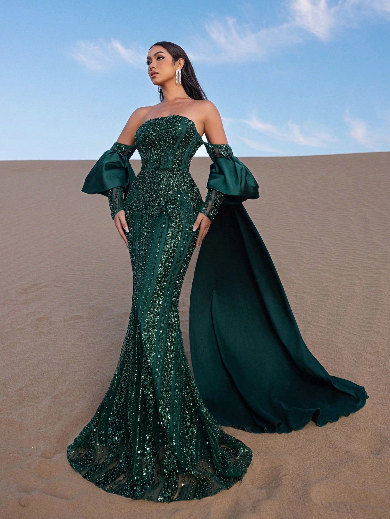 Elegant Luxury Beaded Mermaid Gown with Off-Shoulder & Flowing Sleeves