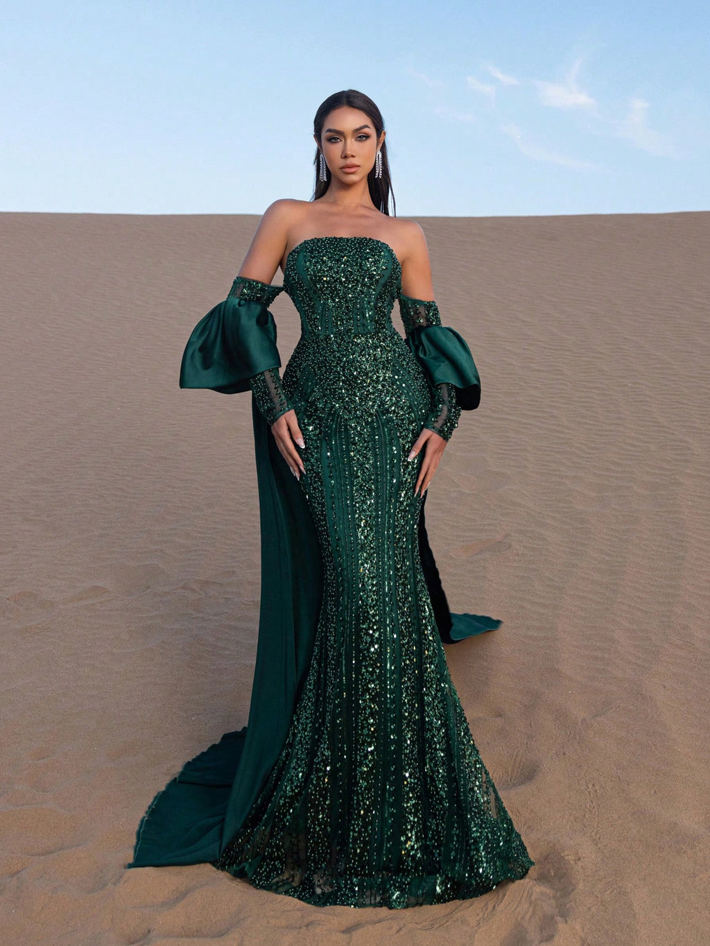 Elegant Luxury Beaded Mermaid Gown with Off-Shoulder & Flowing Sleeves