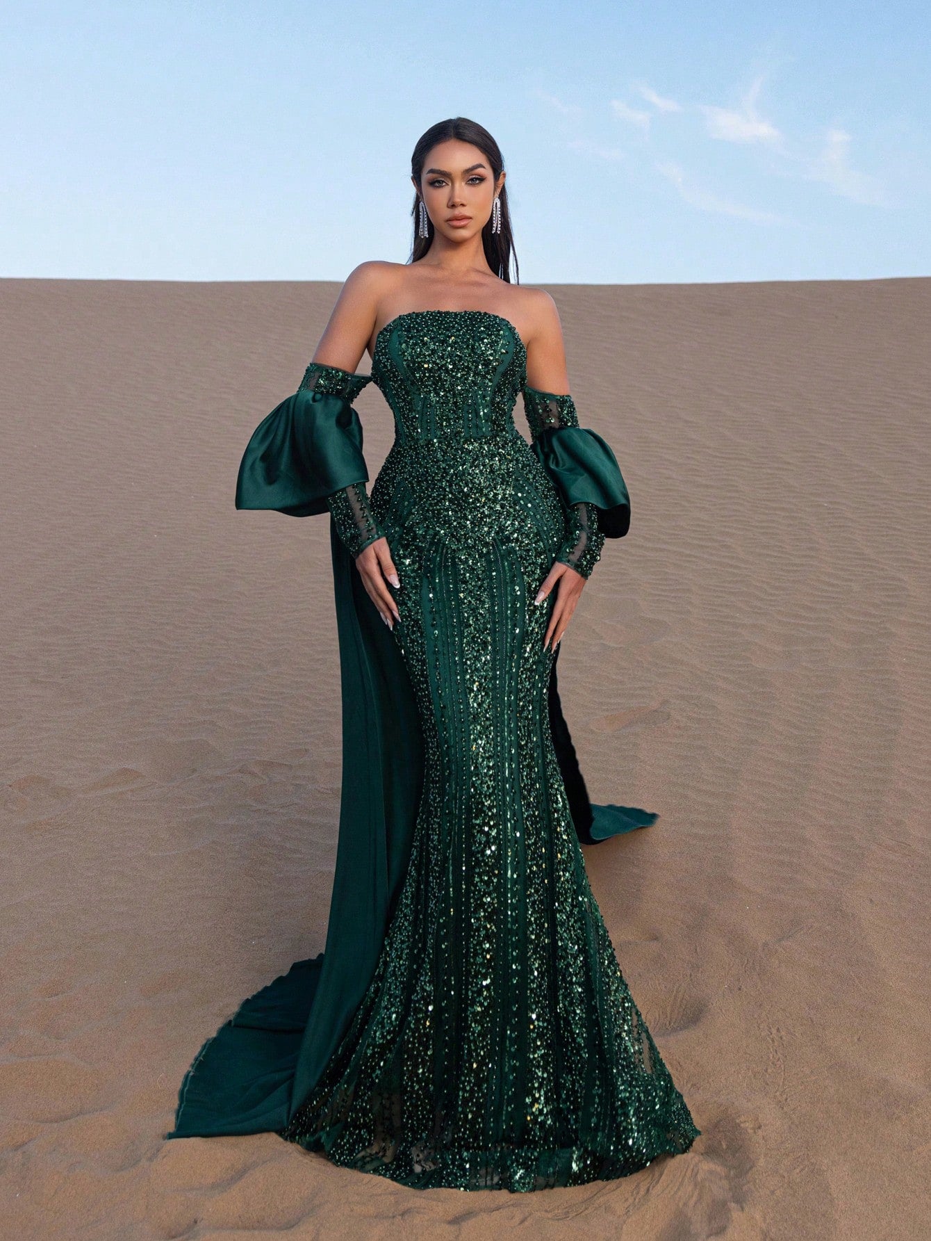 Elegant Luxury Beaded Mermaid Gown with Off-Shoulder & Flowing Sleeves
