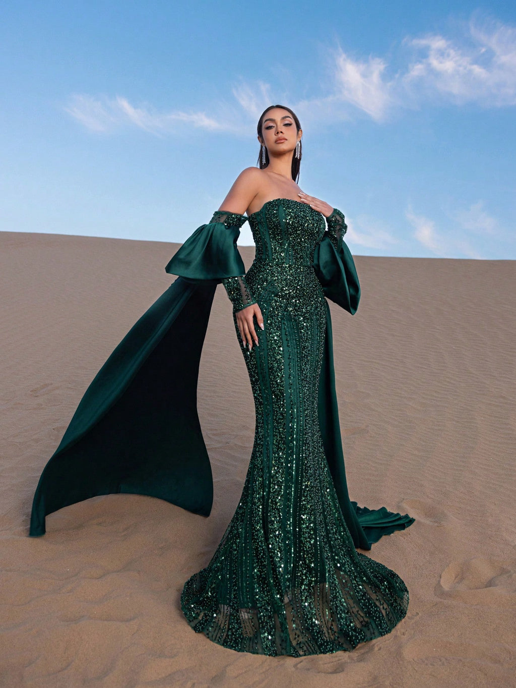 Elegant Luxury Beaded Mermaid Gown with Off-Shoulder & Flowing Sleeves