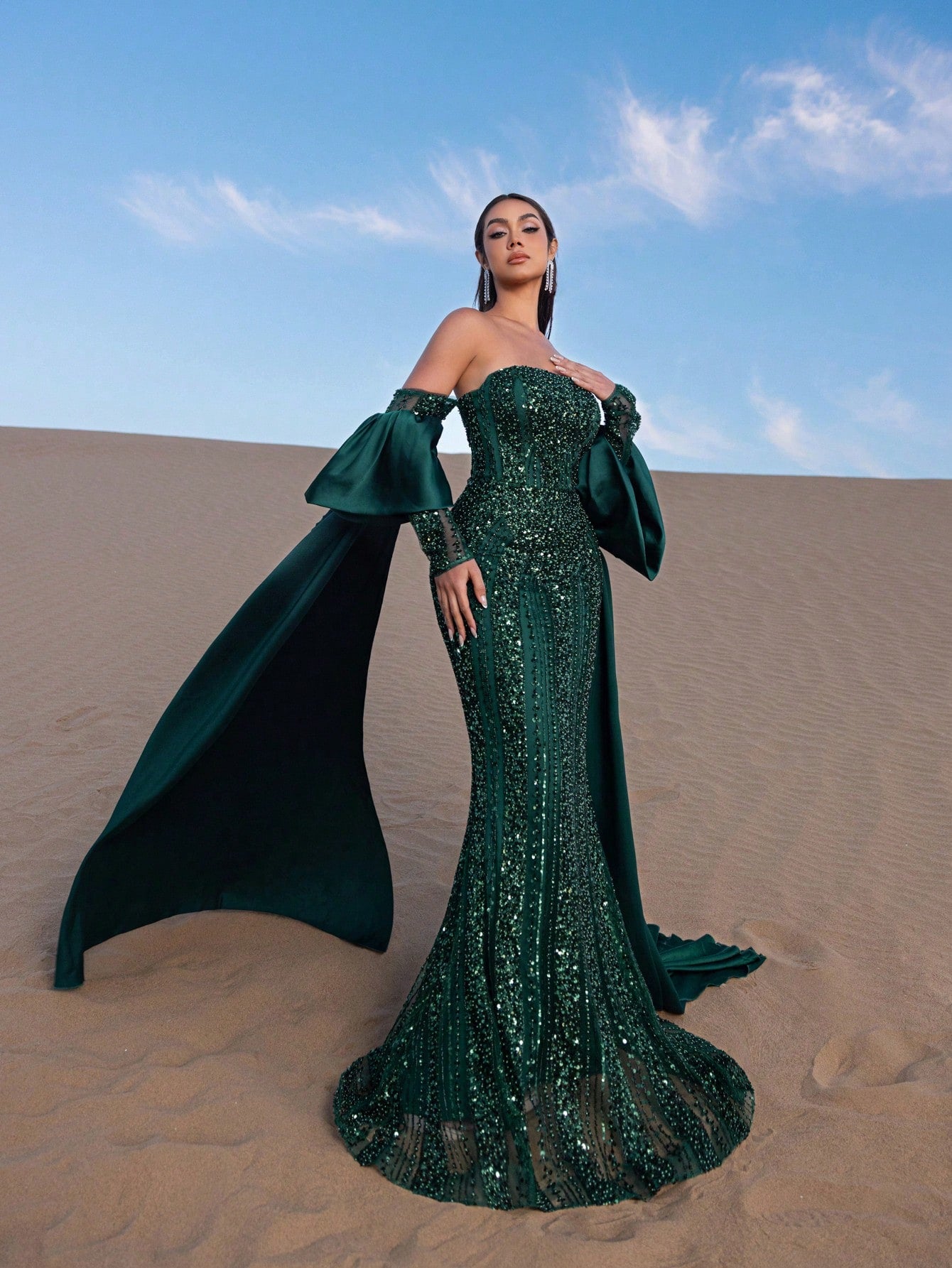 Elegant Luxury Beaded Mermaid Gown with Off-Shoulder & Flowing Sleeves