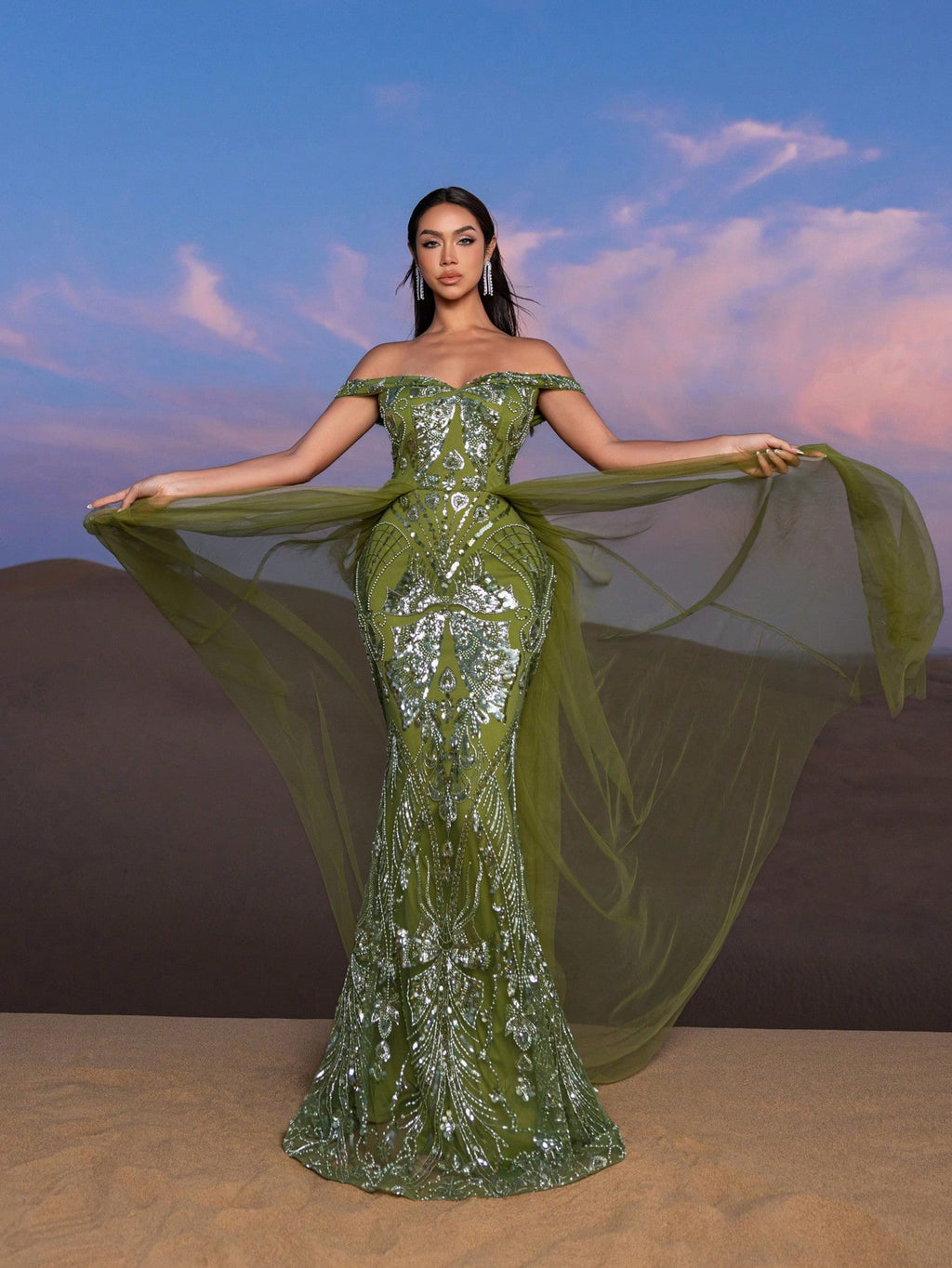 Gorgeous Off Shoulder Mesh Train Beaded Formal Dresses & Evening Gowns