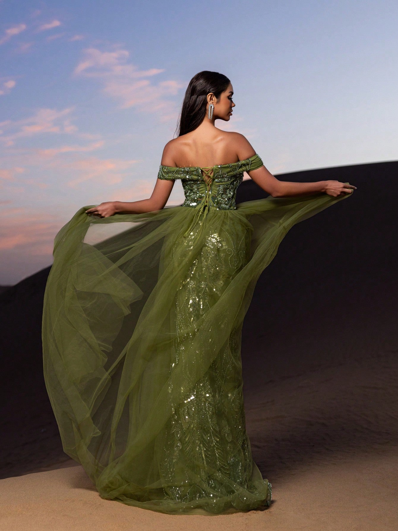 Gorgeous Off Shoulder Mesh Train Beaded Formal Dresses & Evening Gowns