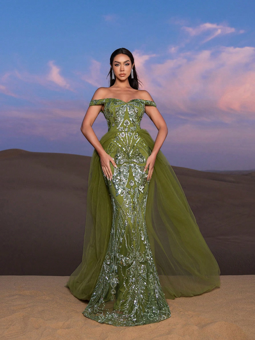 Gorgeous Off Shoulder Mesh Train Beaded Formal Dresses & Evening Gowns