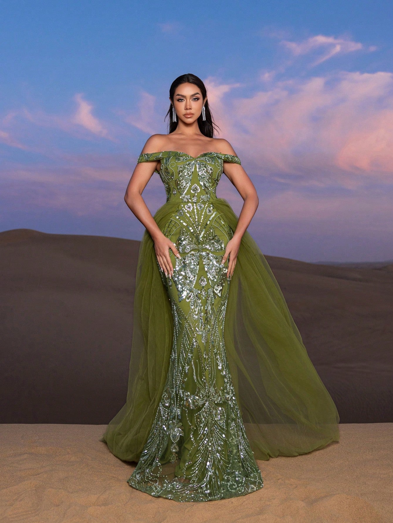 Gorgeous Off Shoulder Mesh Train Beaded Formal Dresses & Evening Gowns