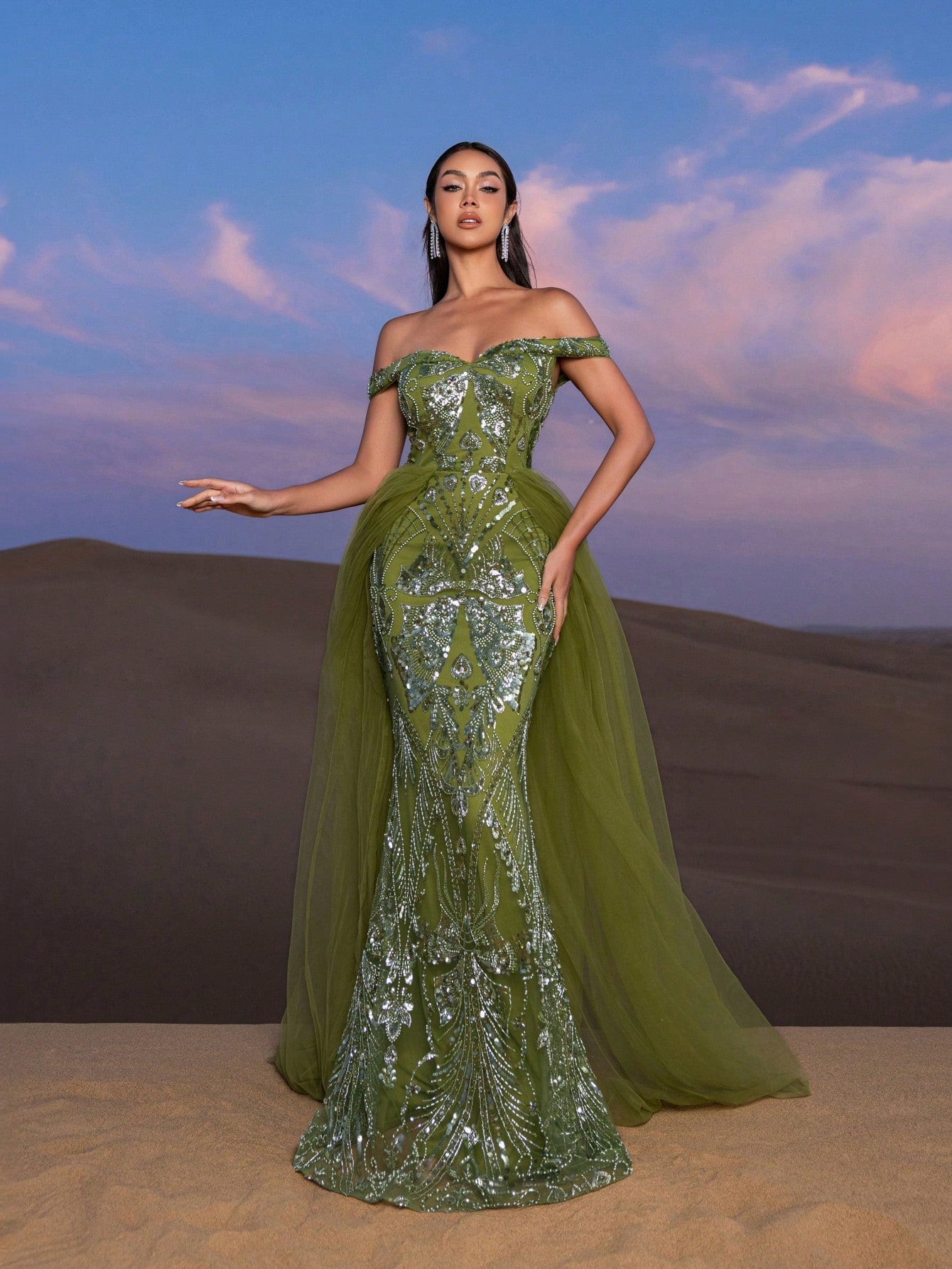 Gorgeous Off Shoulder Mesh Train Beaded Formal Dresses & Evening Gowns