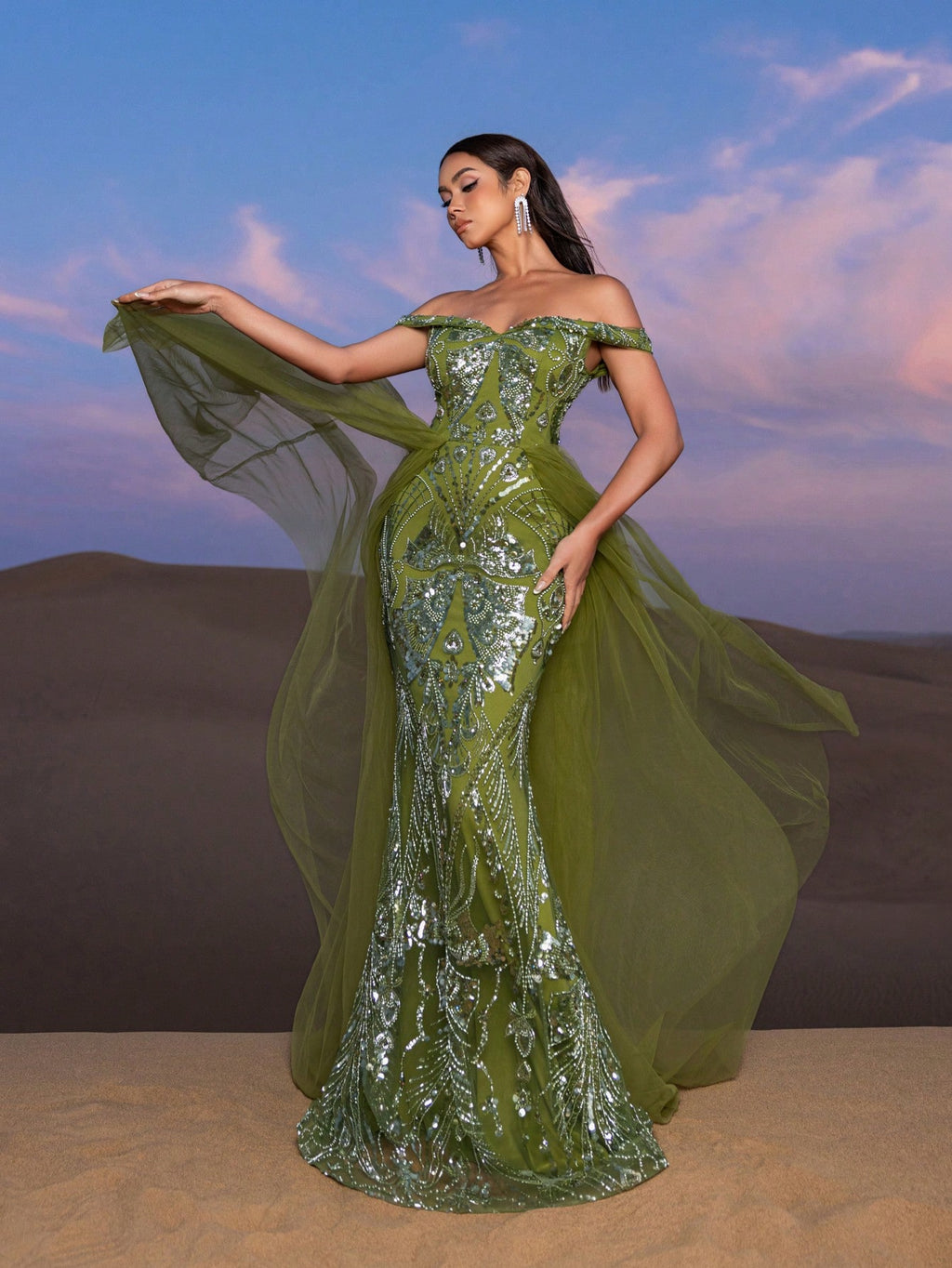 Gorgeous Off Shoulder Mesh Train Beaded Formal Dresses & Evening Gowns