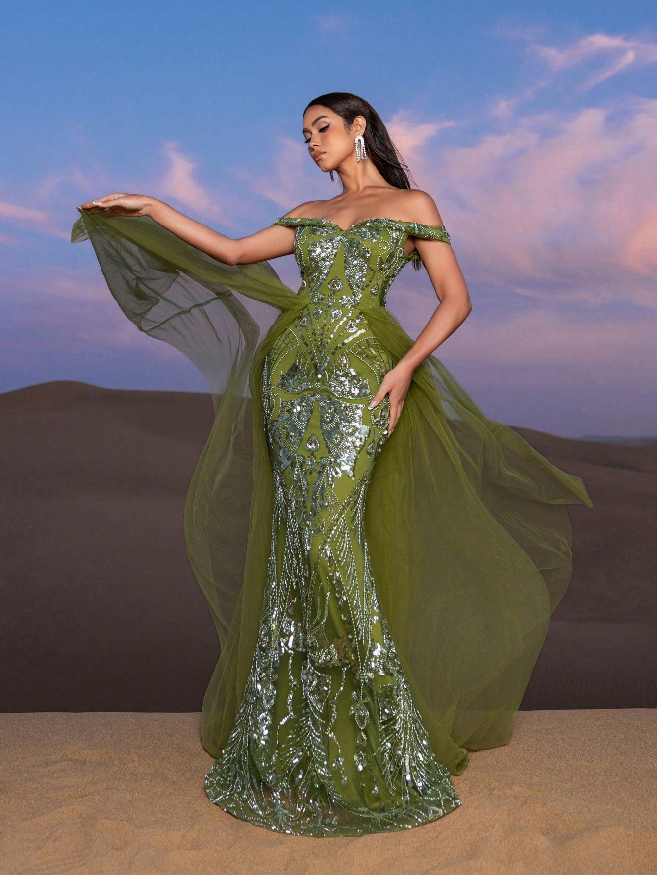 Gorgeous Off Shoulder Mesh Train Beaded Formal Dresses & Evening Gowns