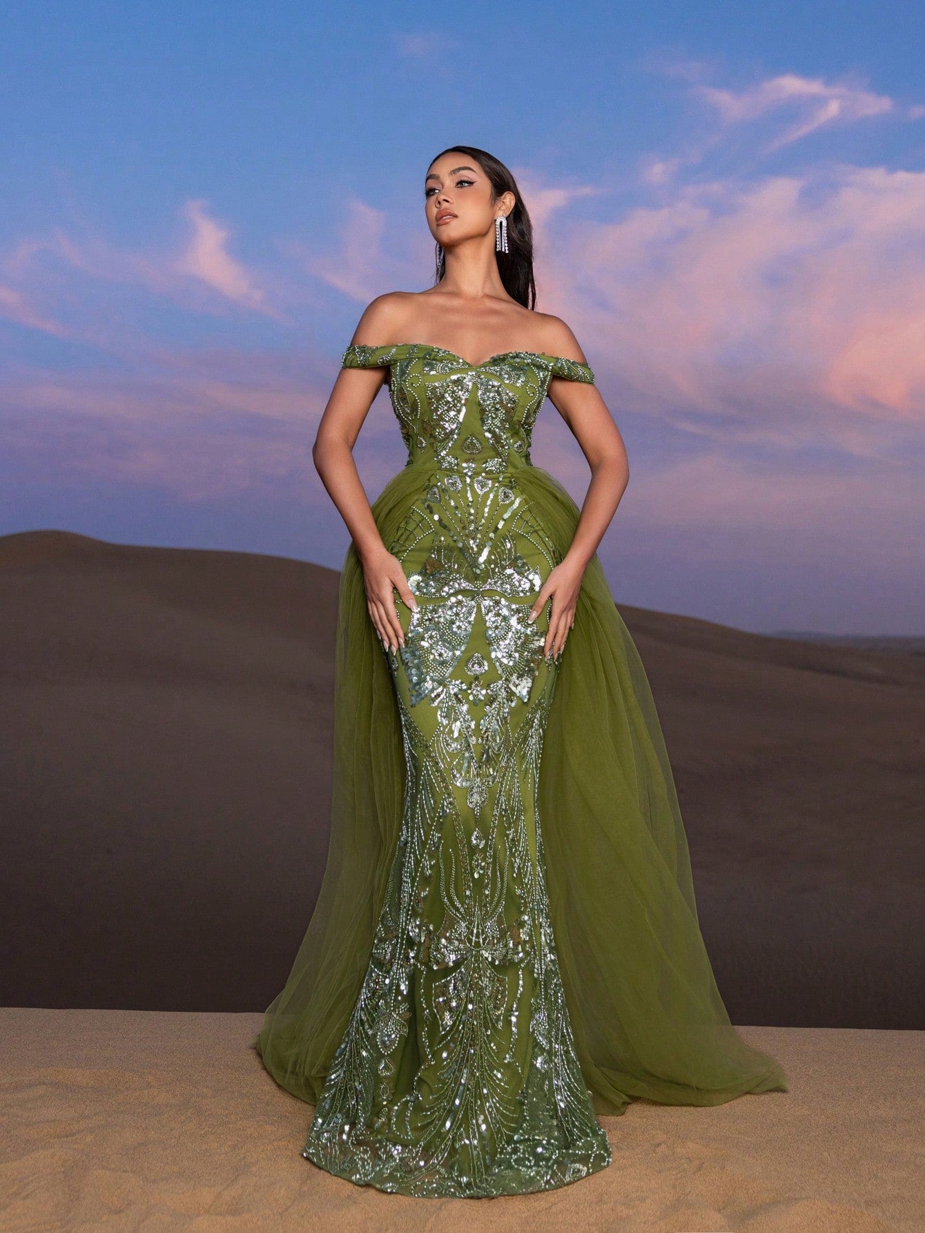 Gorgeous Off Shoulder Mesh Train Beaded Formal Dresses & Evening Gowns