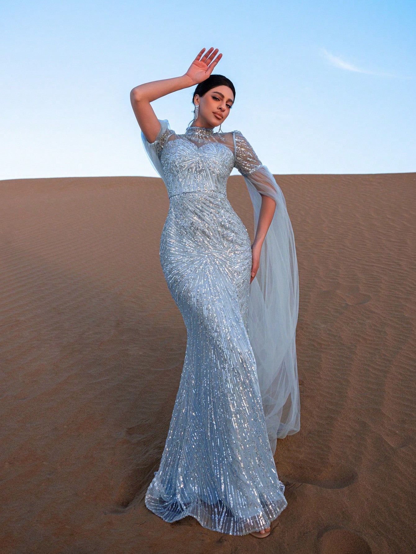 Gorgeous Mock Neck Sheer Cloak Sleeves Mermaid Hem Beaded Formal Dresses & Evening Gowns