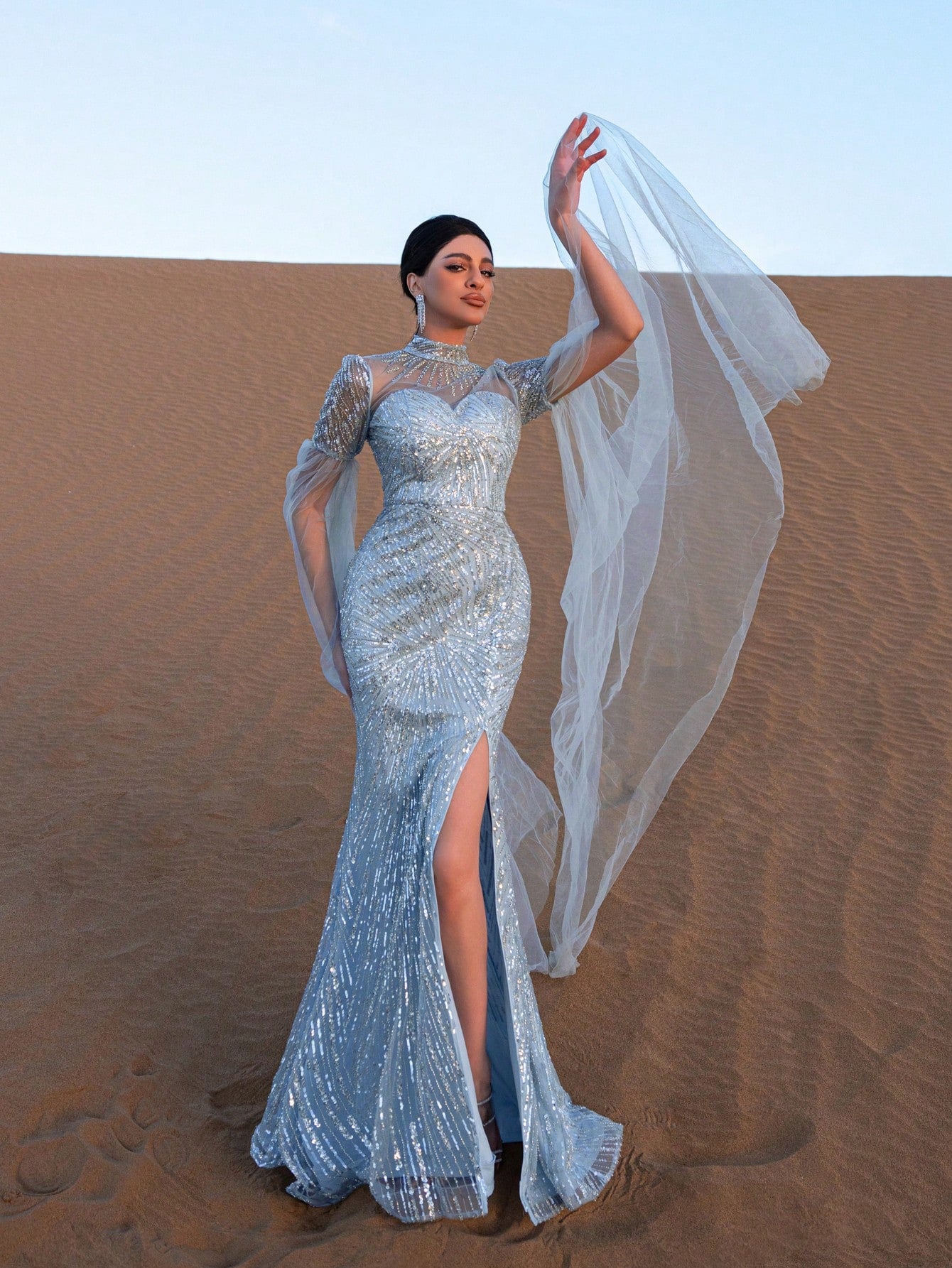 Gorgeous Mock Neck Sheer Cloak Sleeves Mermaid Hem Beaded Formal Dresses & Evening Gowns