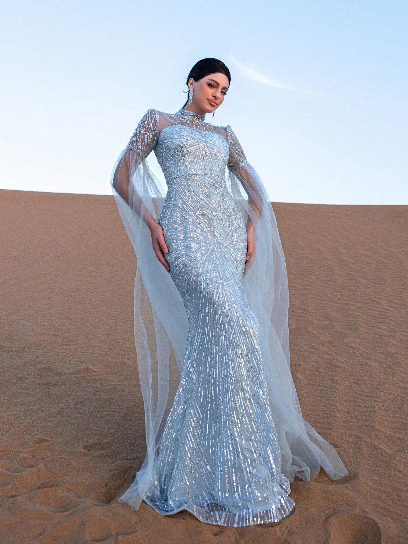 Gorgeous Mock Neck Sheer Cloak Sleeves Mermaid Hem Beaded Formal Dresses & Evening Gowns