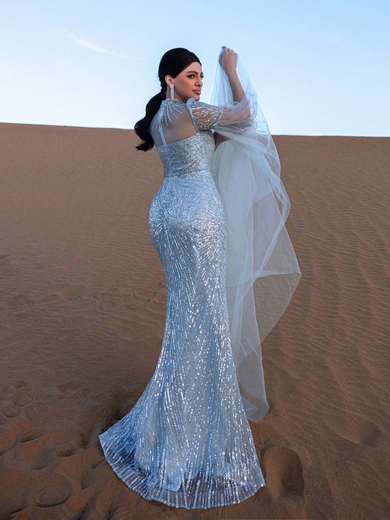 Gorgeous Mock Neck Sheer Cloak Sleeves Mermaid Hem Beaded Formal Dresses & Evening Gowns