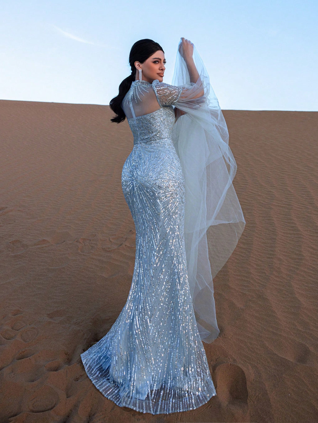 Gorgeous Mock Neck Sheer Cloak Sleeves Mermaid Hem Beaded Formal Dresses & Evening Gowns