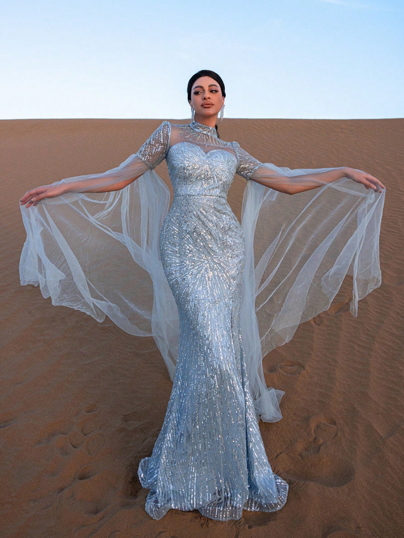 Gorgeous Mock Neck Sheer Cloak Sleeves Mermaid Hem Beaded Formal Dresses & Evening Gowns