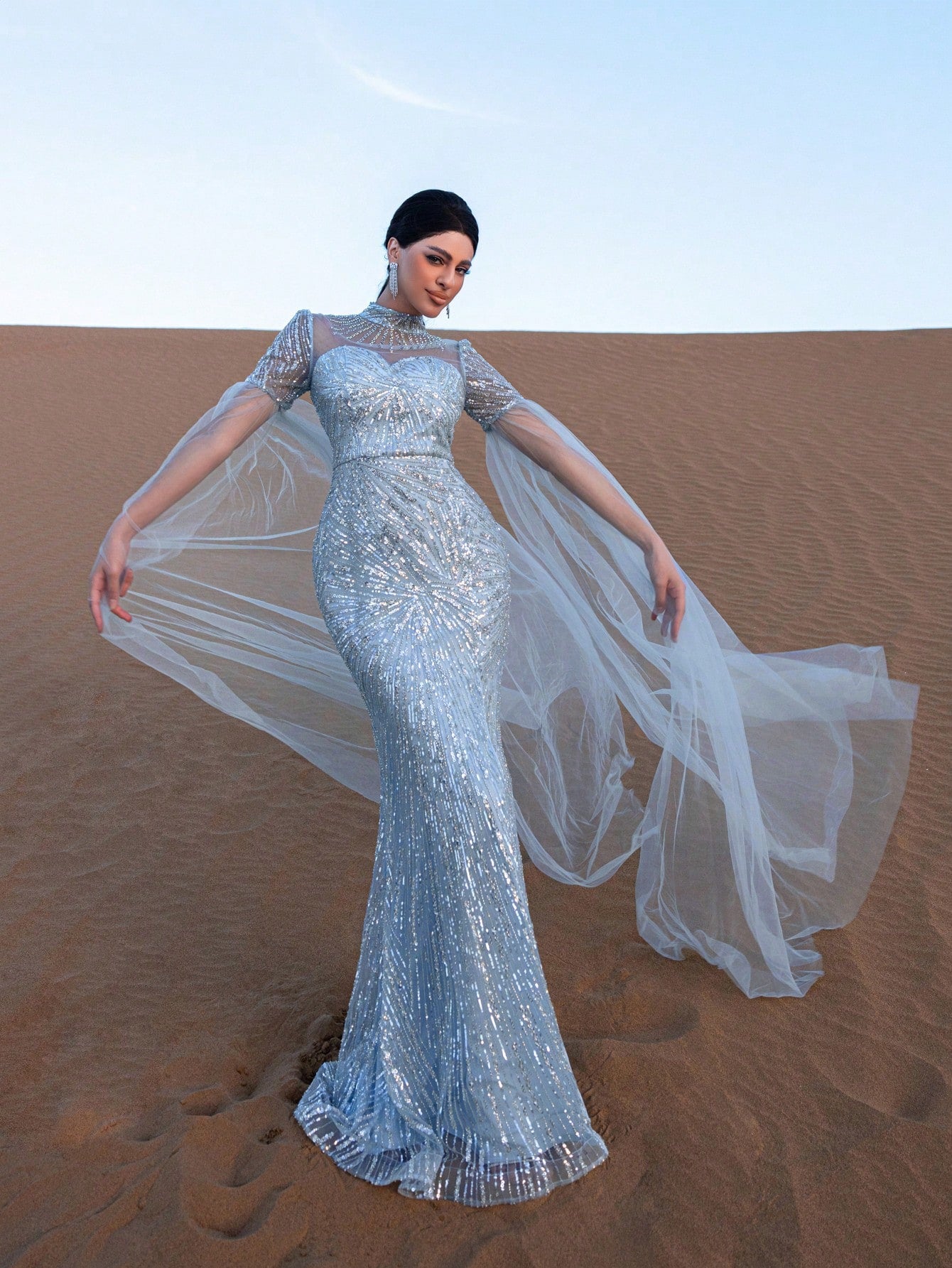 Gorgeous Mock Neck Sheer Cloak Sleeves Mermaid Hem Beaded Formal Dresses & Evening Gowns
