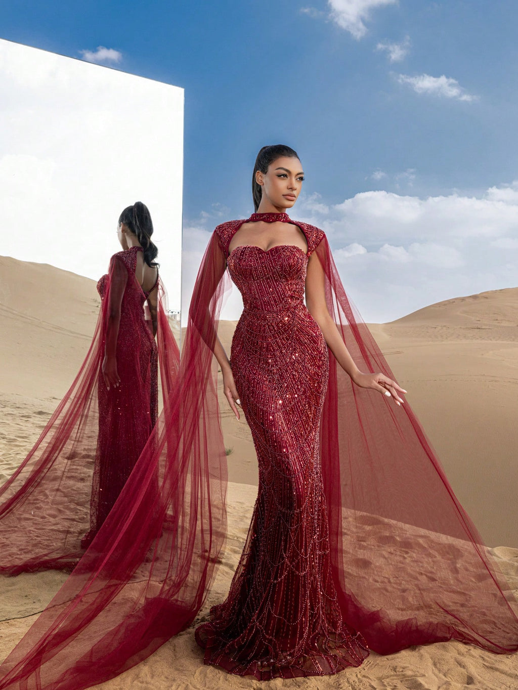 Choker Neck Backless Extra-Long Sleeves Beaded Formal Dresses & Evening Gowns Dress & Embellished Dress