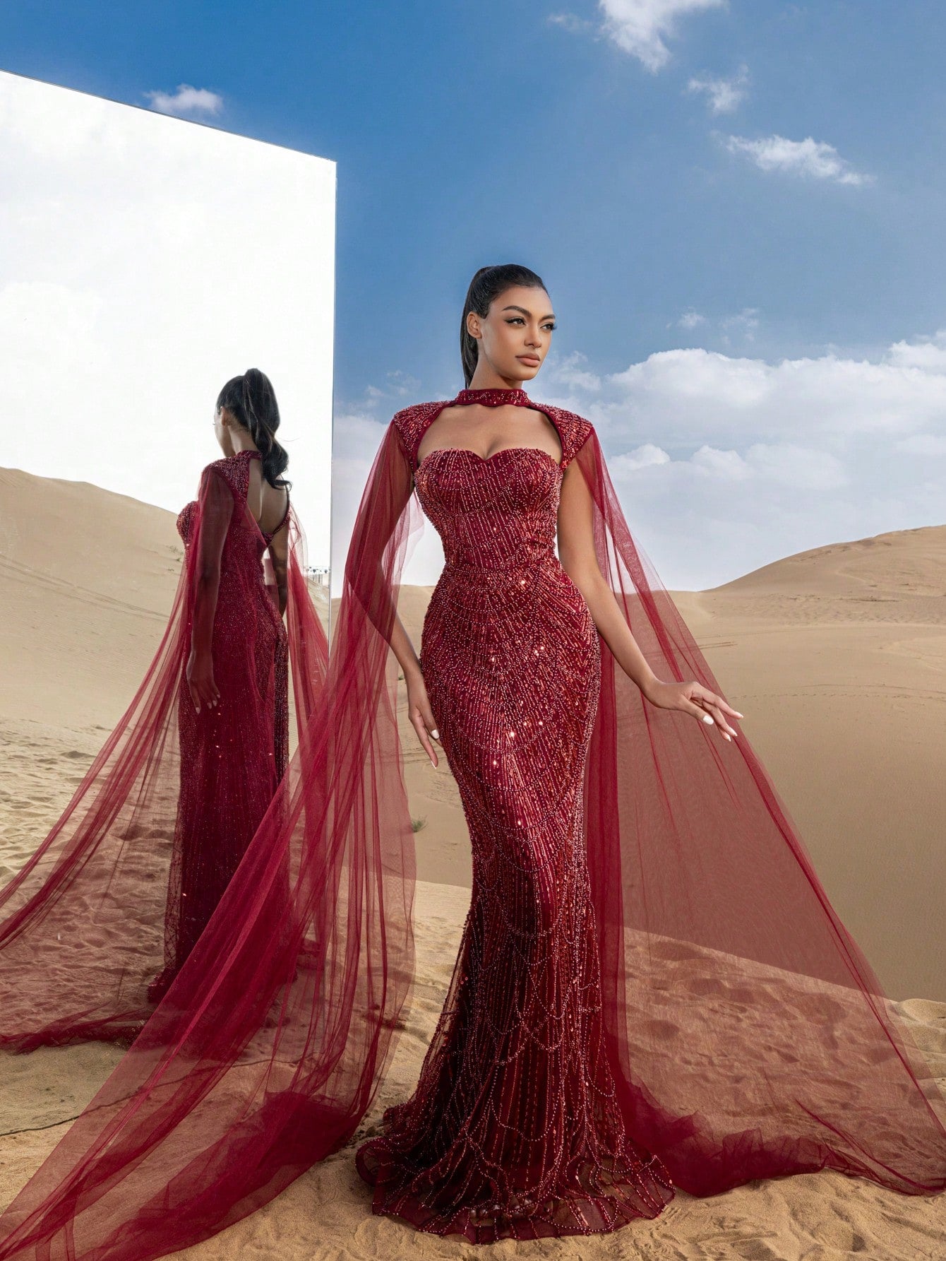 Choker Neck Backless Extra-Long Sleeves Beaded Formal Dresses & Evening Gowns Dress & Embellished Dress