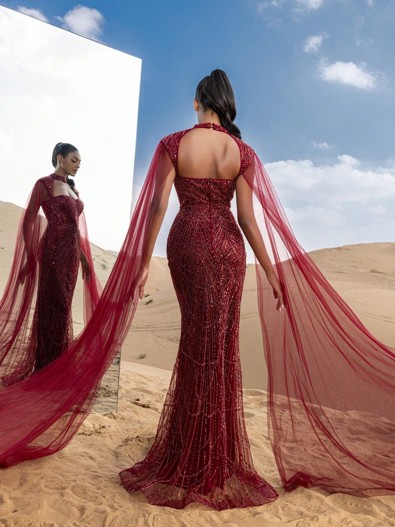 Choker Neck Backless Extra-Long Sleeves Beaded Formal Dresses & Evening Gowns Dress & Embellished Dress
