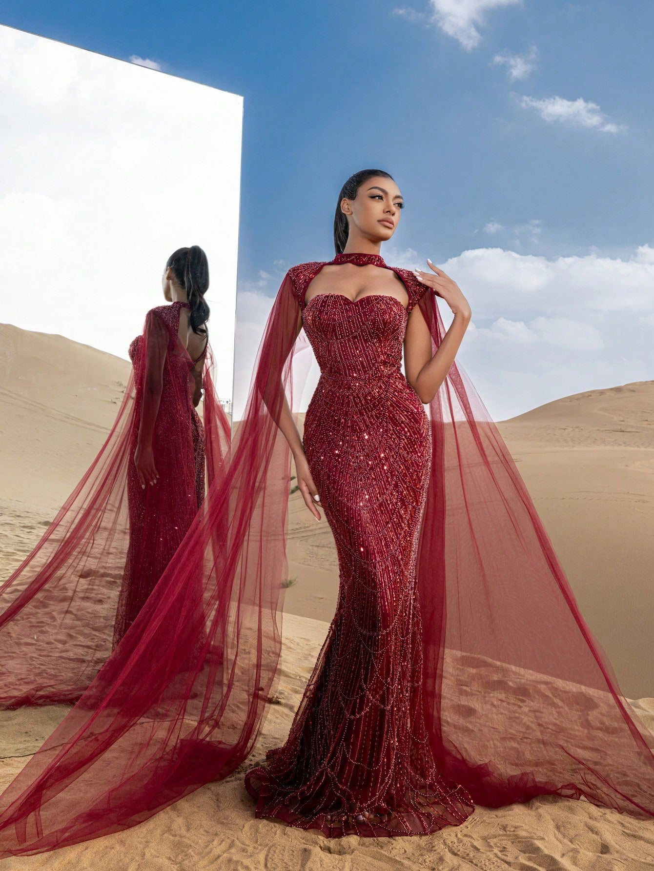 Choker Neck Backless Extra-Long Sleeves Beaded Formal Dresses & Evening Gowns Dress & Embellished Dress