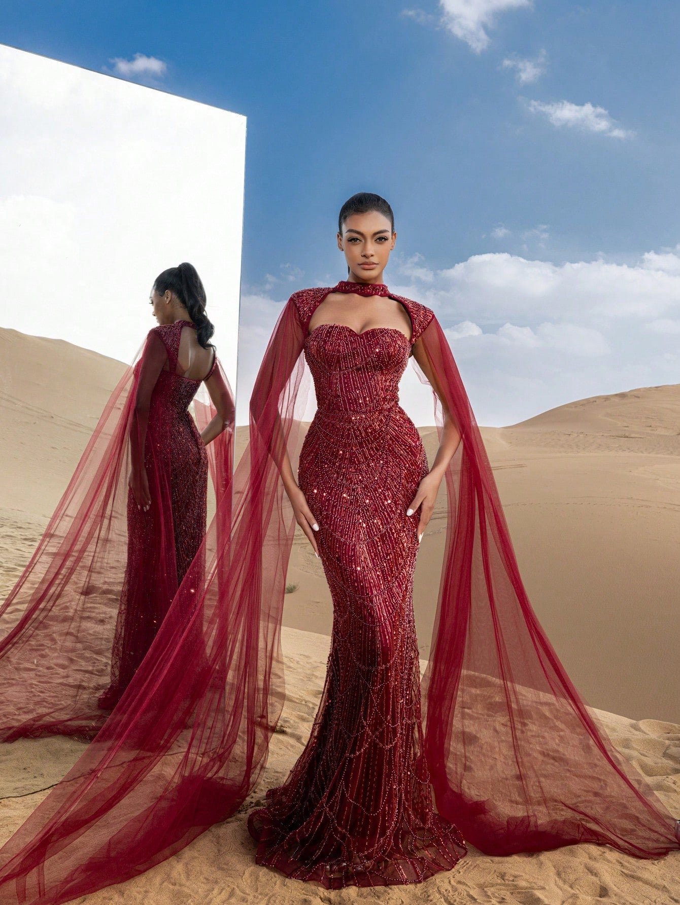 Choker Neck Backless Extra-Long Sleeves Beaded Formal Dresses & Evening Gowns Dress & Embellished Dress