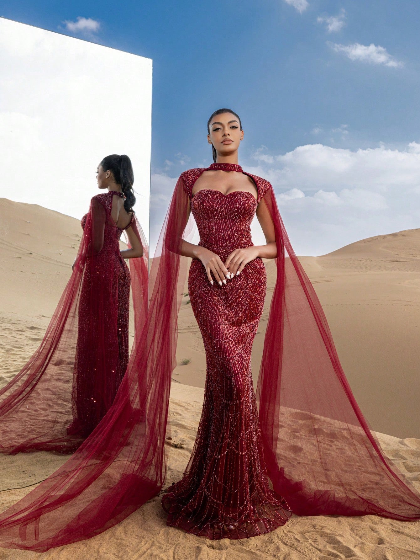 Choker Neck Backless Extra-Long Sleeves Beaded Formal Dresses & Evening Gowns Dress & Embellished Dress