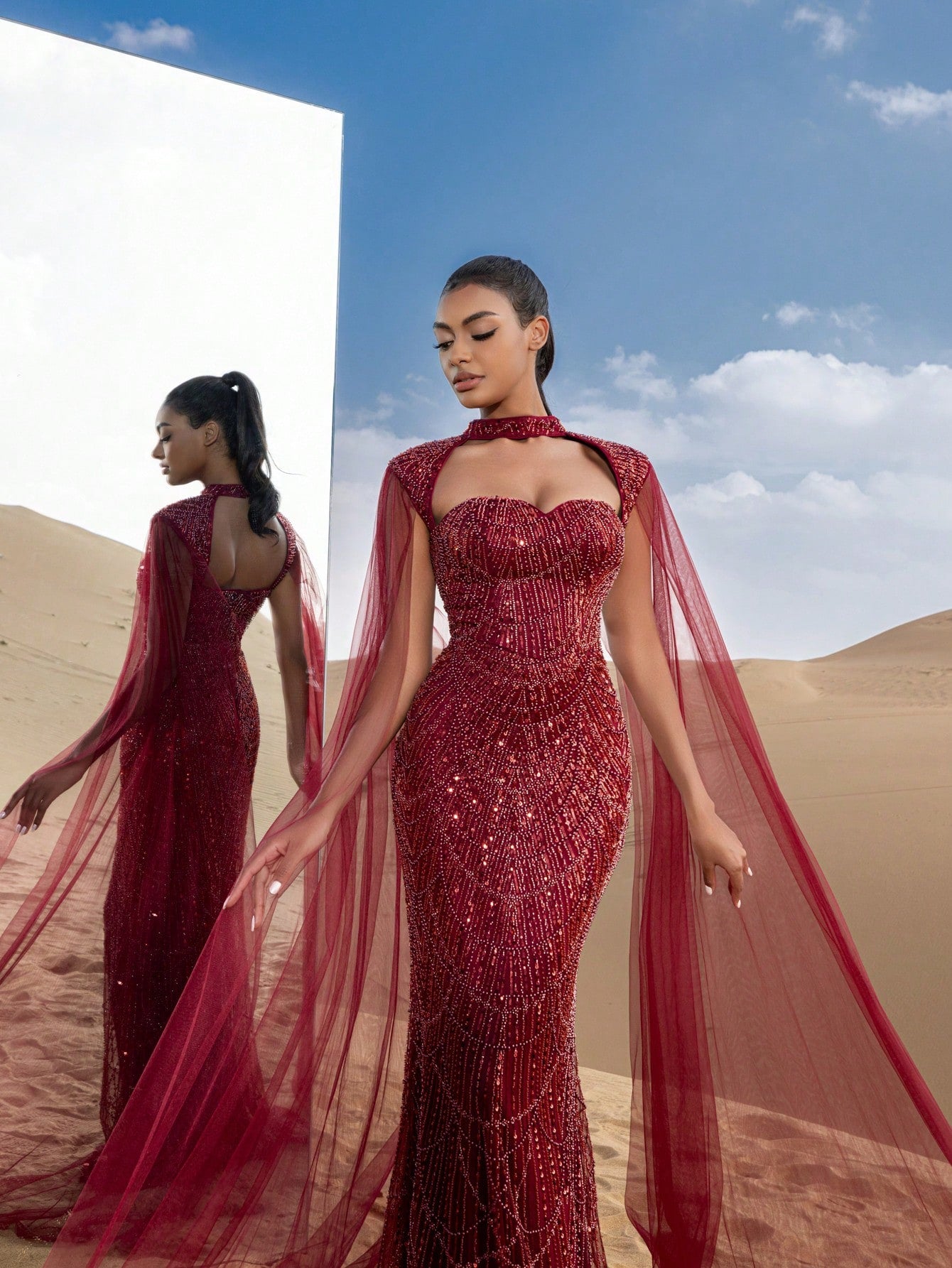 Choker Neck Backless Extra-Long Sleeves Beaded Formal Dresses & Evening Gowns Dress & Embellished Dress