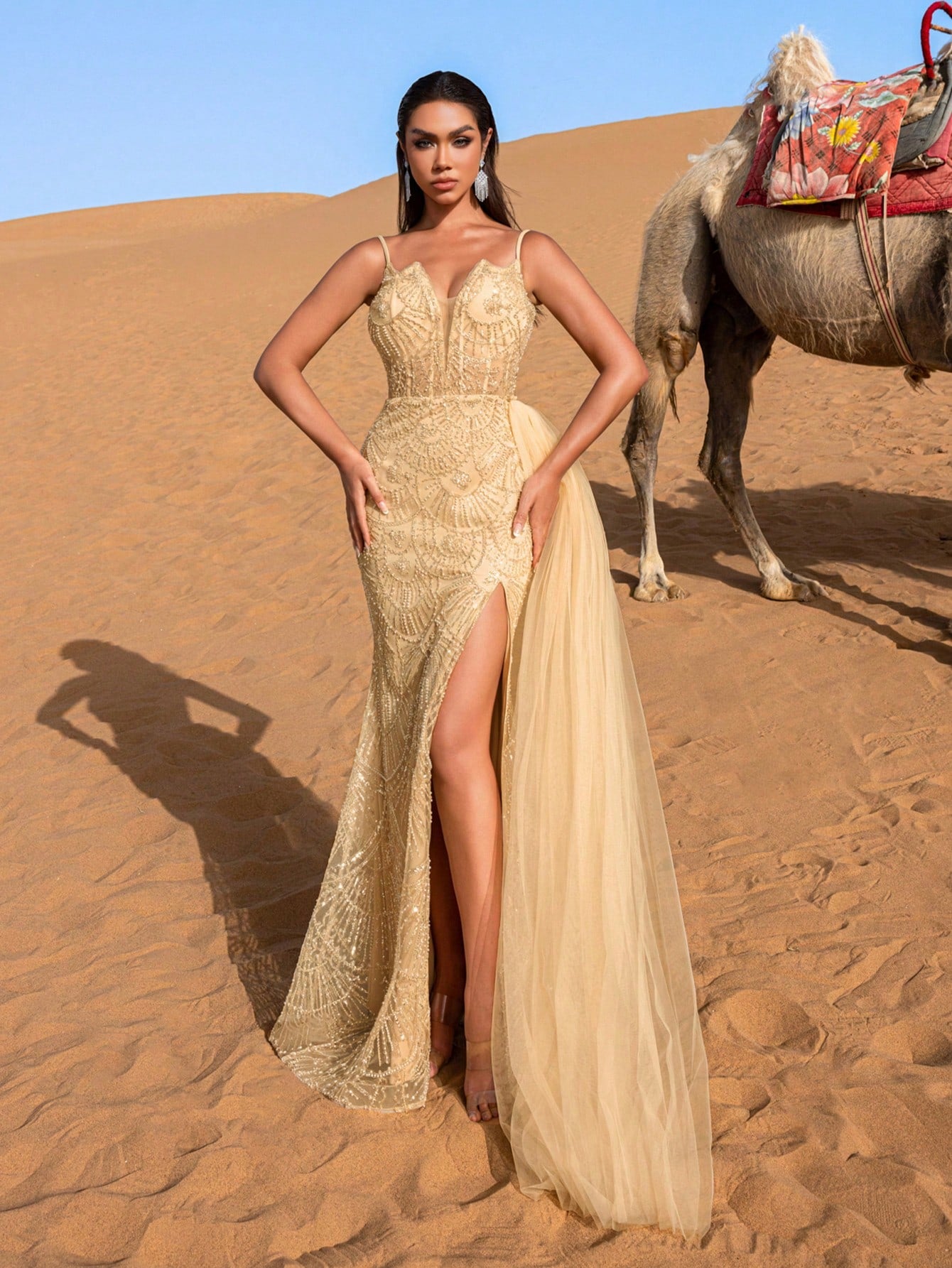 Luxury Sheer Tulle Overlay Beaded Slip Formal Party Dresses & Evening Gowns
