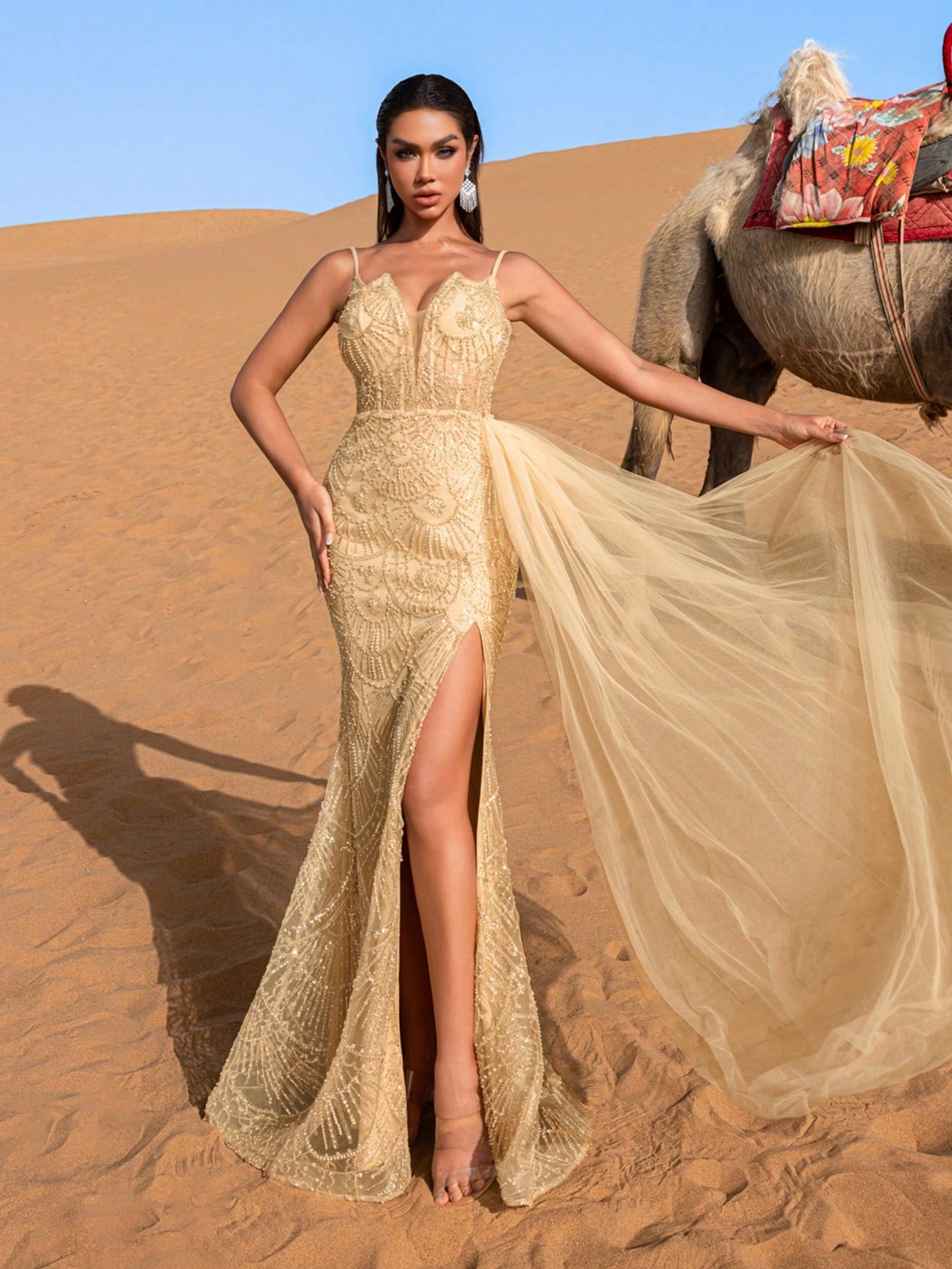 Luxury Sheer Tulle Overlay Beaded Slip Formal Party Dresses & Evening Gowns