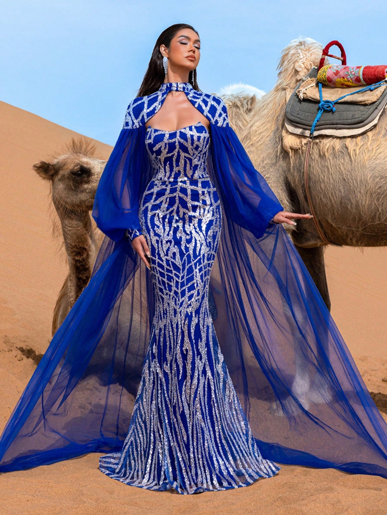 Gorgeous Mock Neck Lantern Sleeves Mesh Overlay Graphic Sequin Formal Cape Dress