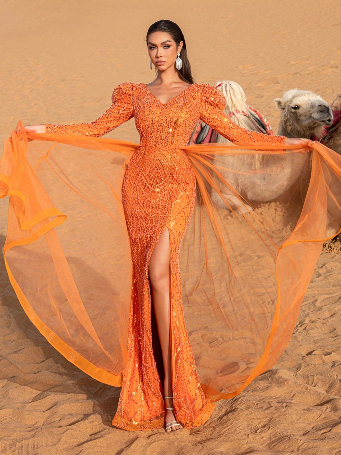Gorgeous Puffy Sleeves Sheer Overlay Beaded Formal Dresses & Evening Gowns