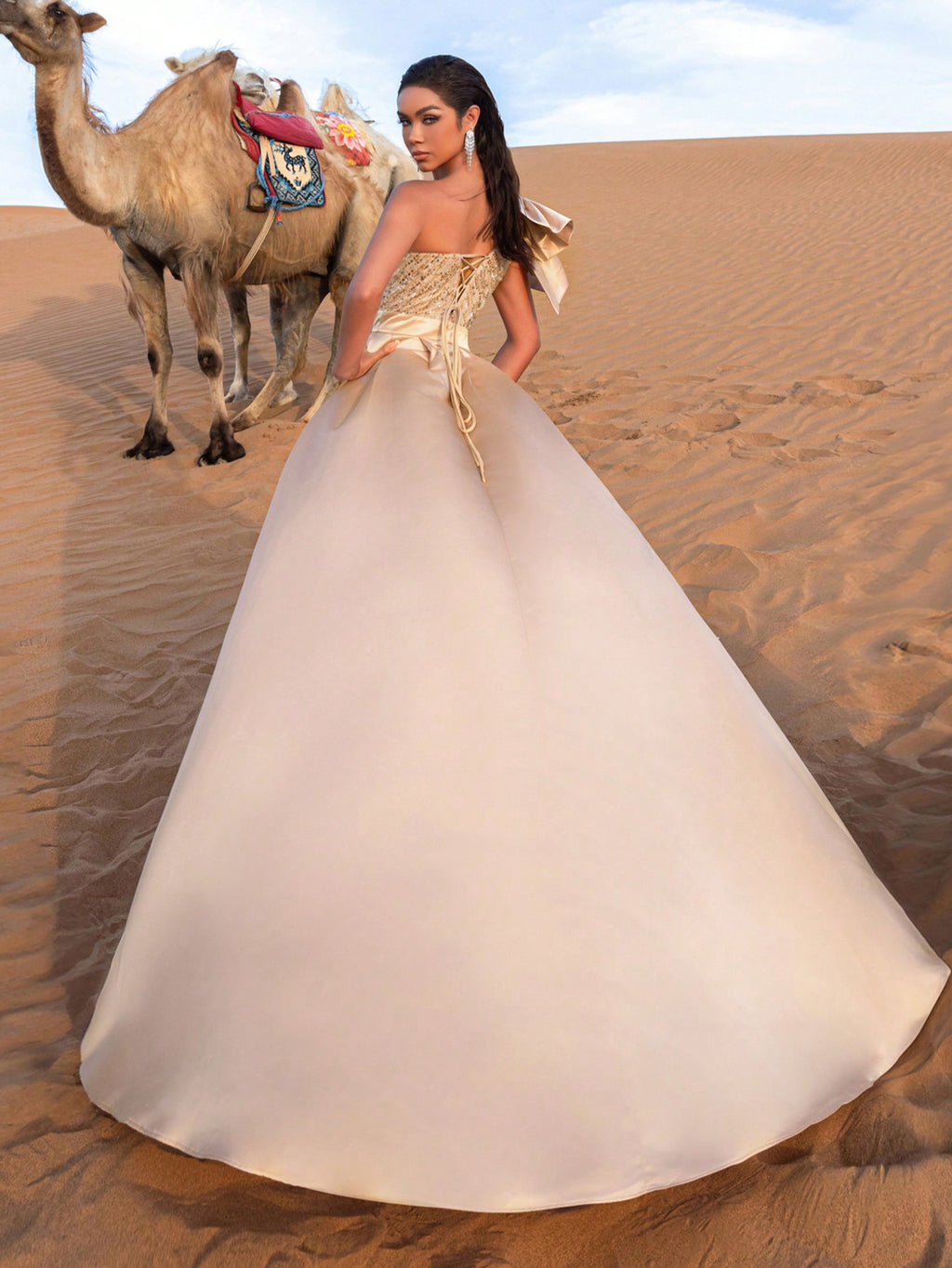 Glamorous One-Shoulder Beaded Detail Party Dress With Flowing Skirt