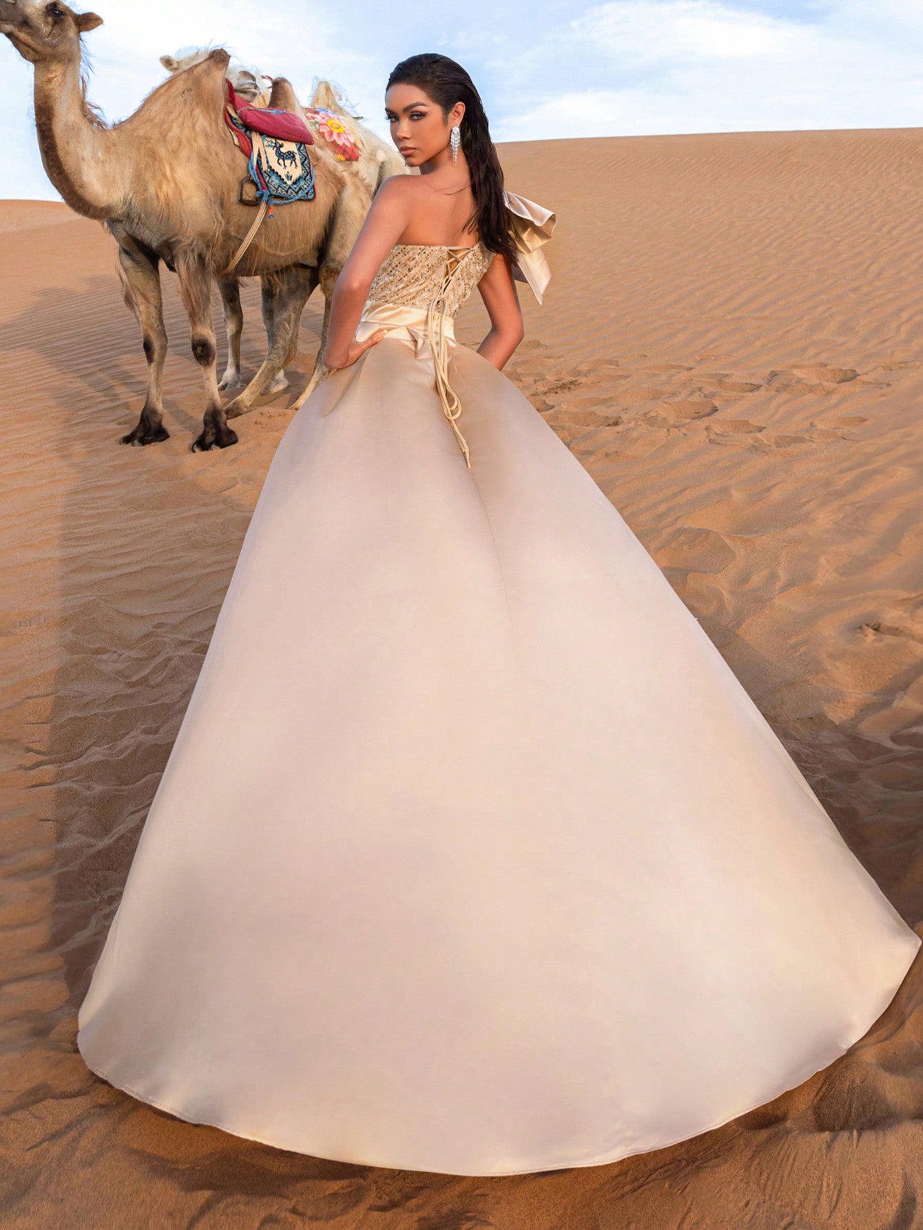 Glamorous One-Shoulder Beaded Detail Party Dress With Flowing Skirt