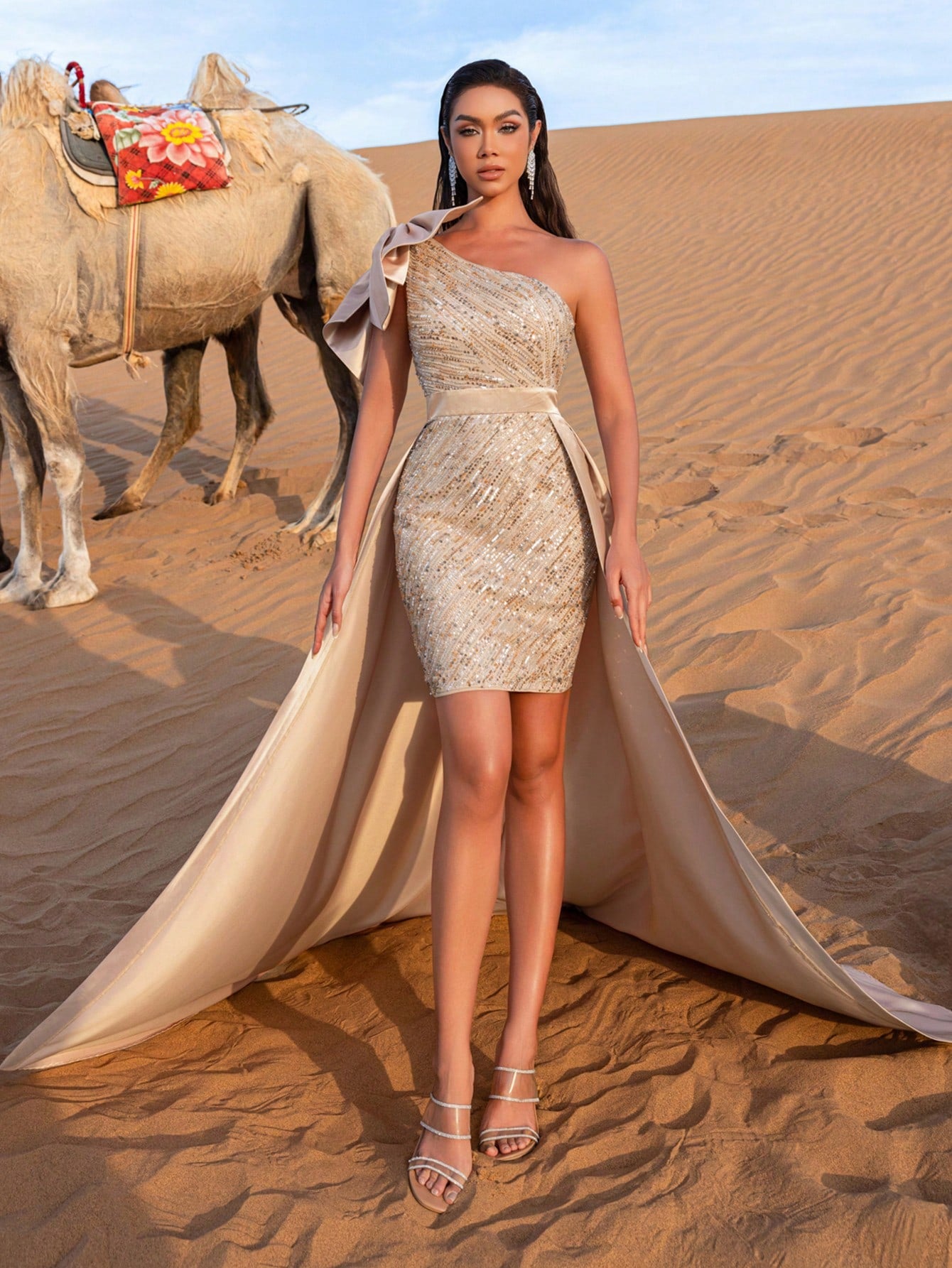 Glamorous One-Shoulder Beaded Detail Party Dress With Flowing Skirt