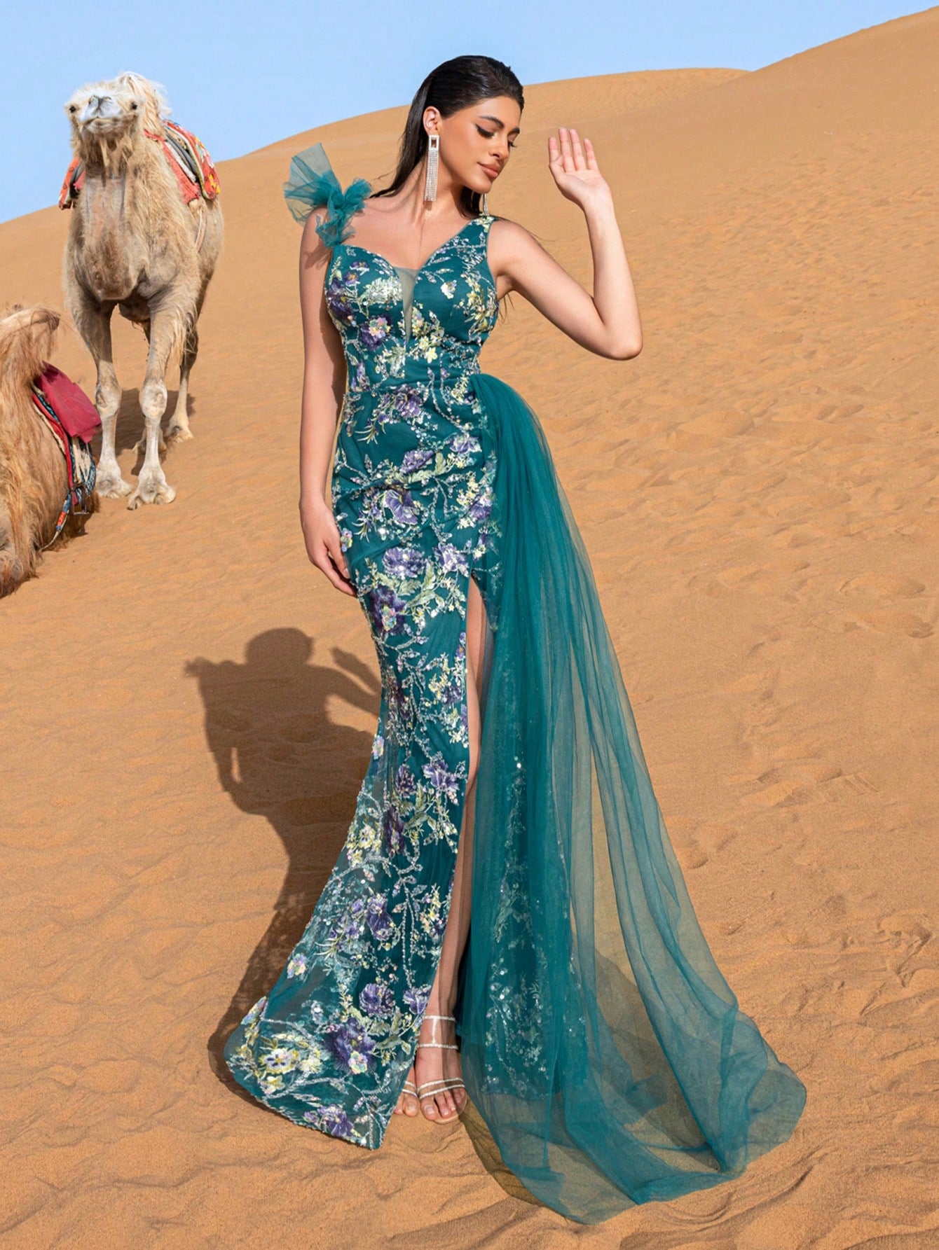 Luxury Asymmetrical Neck Sheer Overlay Floral Sequin Evening Dress