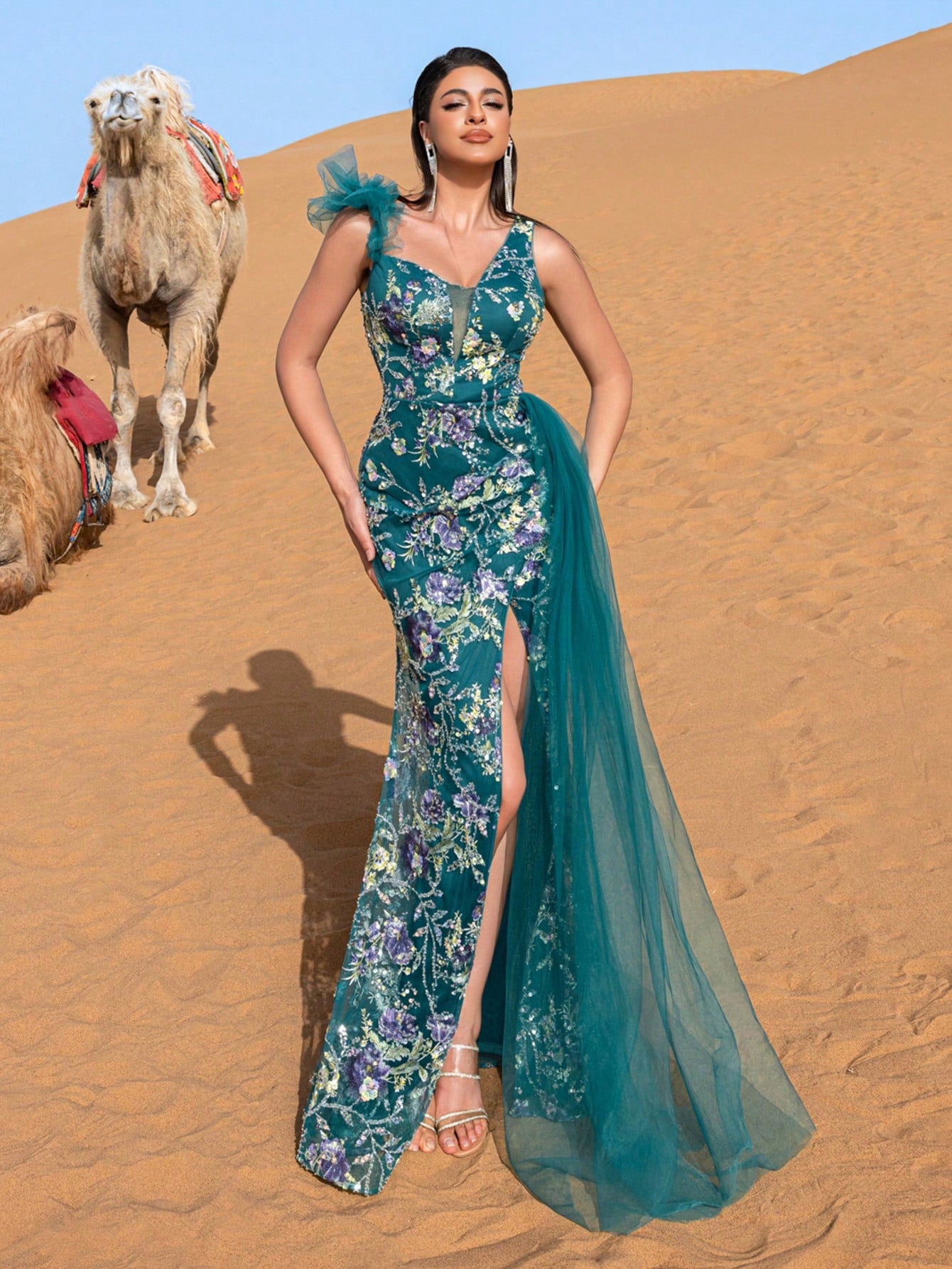 Luxury Asymmetrical Neck Sheer Overlay Floral Sequin Evening Dress