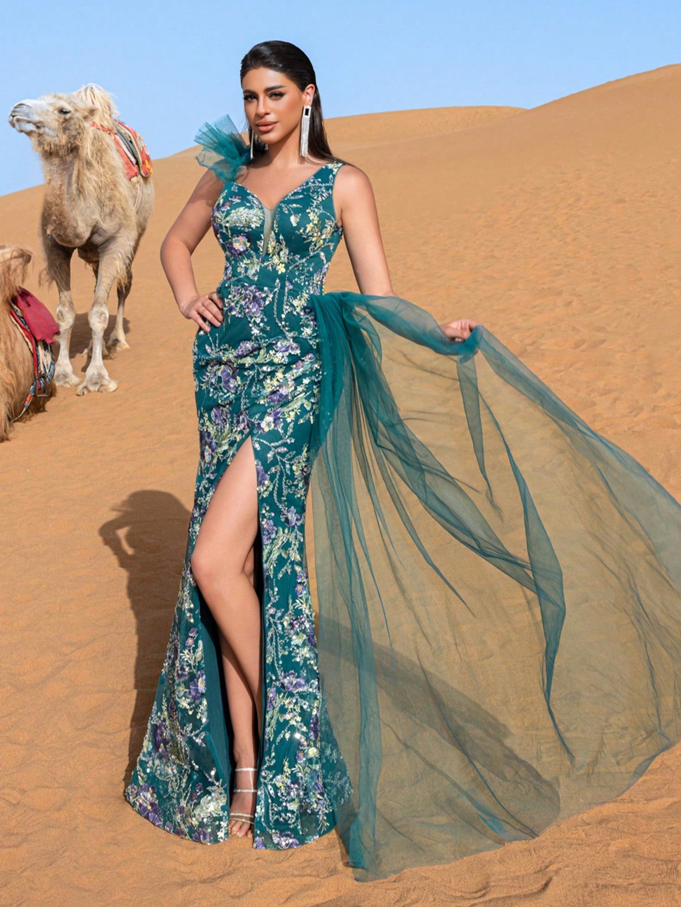Luxury Asymmetrical Neck Sheer Overlay Floral Sequin Evening Dress