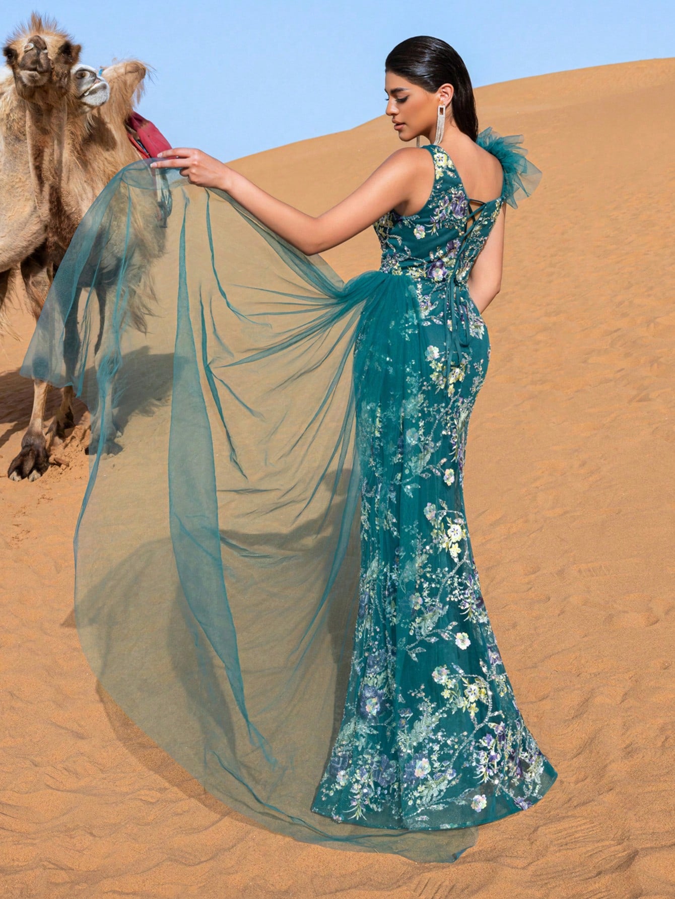 Luxury Asymmetrical Neck Sheer Overlay Floral Sequin Evening Dress