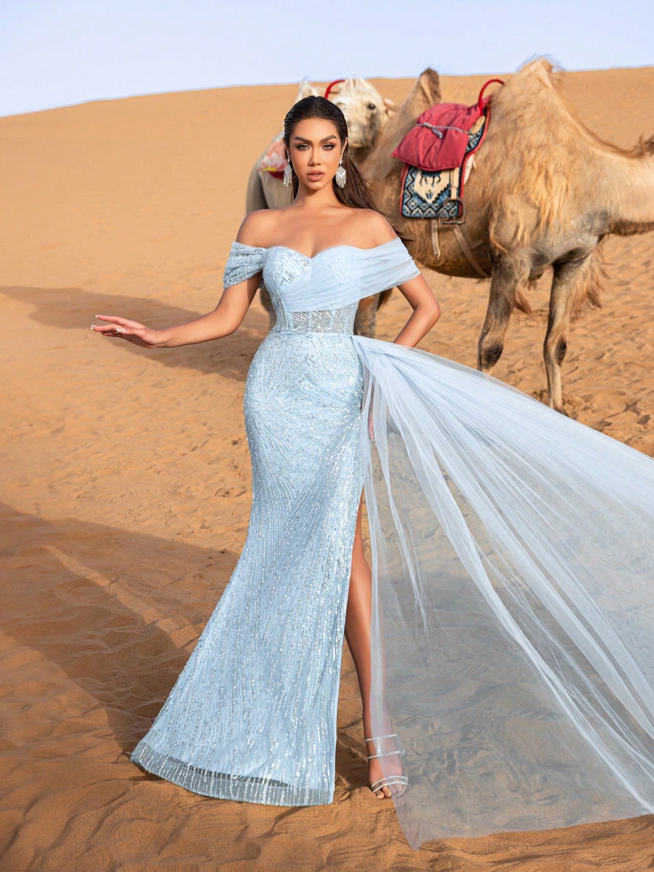 Luxury Gorgeous  Off Shoulder Mermaid Hem Splice Mesh Floral Beaded Sequin Formal Party Dress