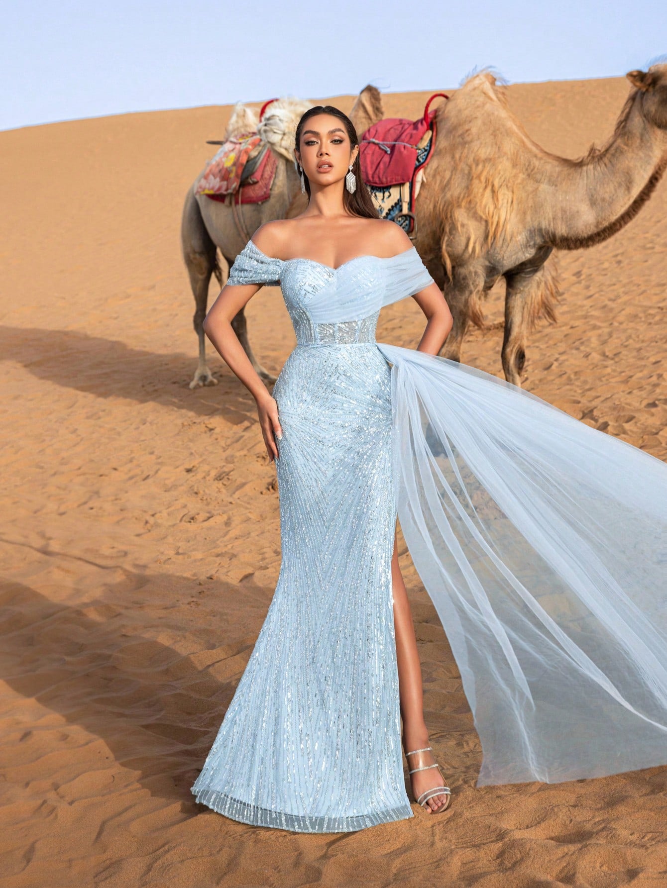 Luxury Gorgeous  Off Shoulder Mermaid Hem Splice Mesh Floral Beaded Sequin Formal Party Dress